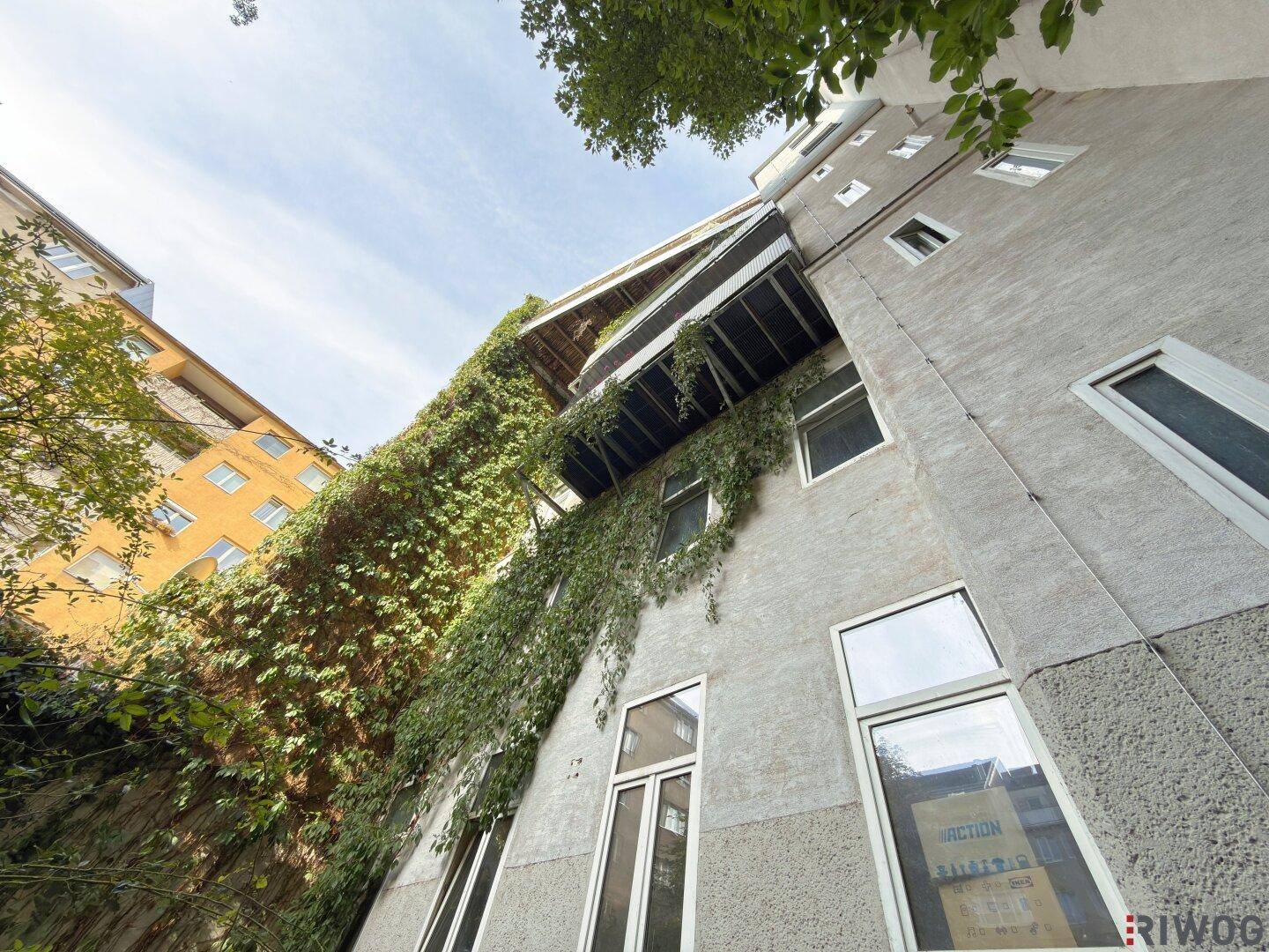 Begrünte Fassade eines Altbaus mit vielen Fenstern und Balkonen unter blauem Himmel.