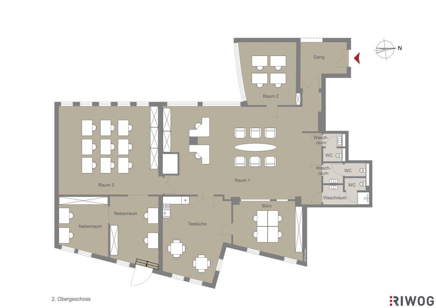 Grundriss des 2. Obergeschosses mit mehreren Räumen, Teeküche und Sanitärbereichen.