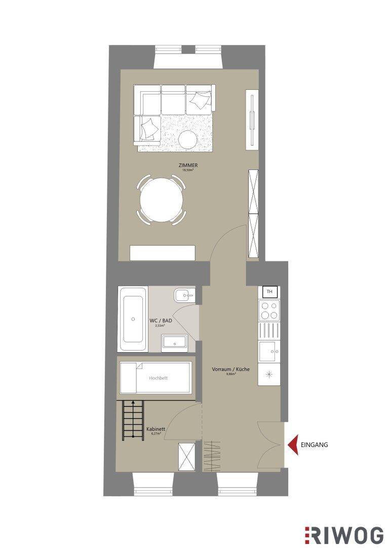 Grundriss einer Wohnung mit offenem Wohnbereich, separatem Bad und Küche.