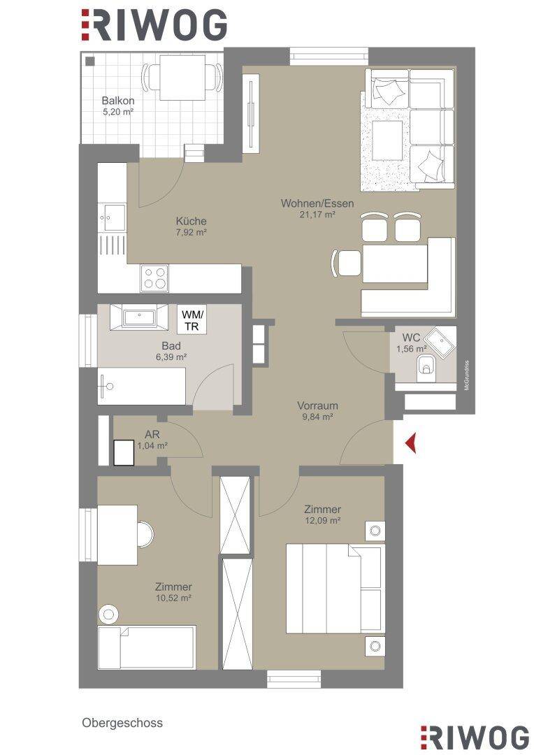 Detaillierter Grundriss der Wohnung mit Balkon, Wohn-/Essbereich und mehreren Zimmern.
