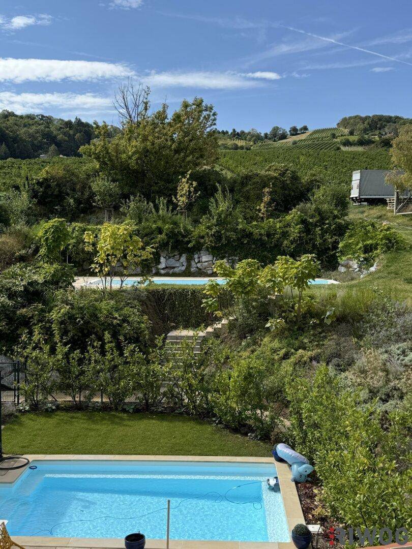 Sonnige Gartenanlage mit zwei Pools, umgeben von üppigem Grün und einem Weinberg im Hintergrund.
