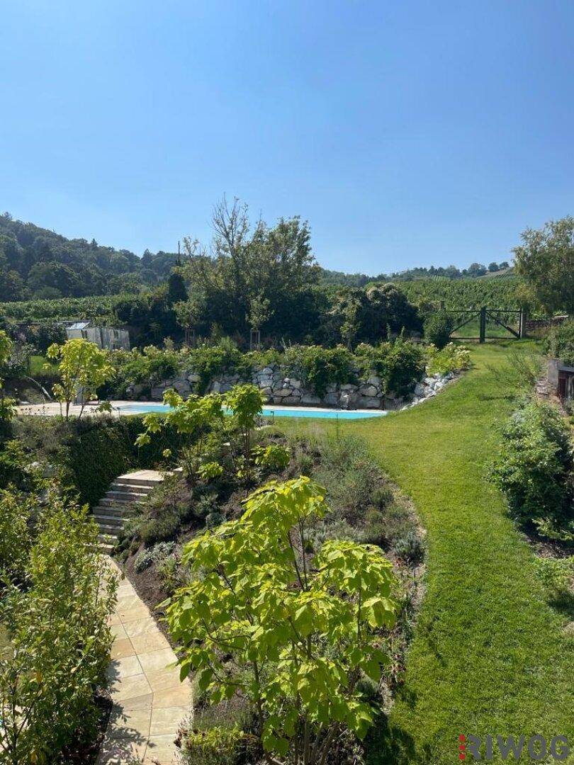 Gepflegter Garten mit Pool, Steinweg und weitem Blick auf die umliegenden Weinberge.