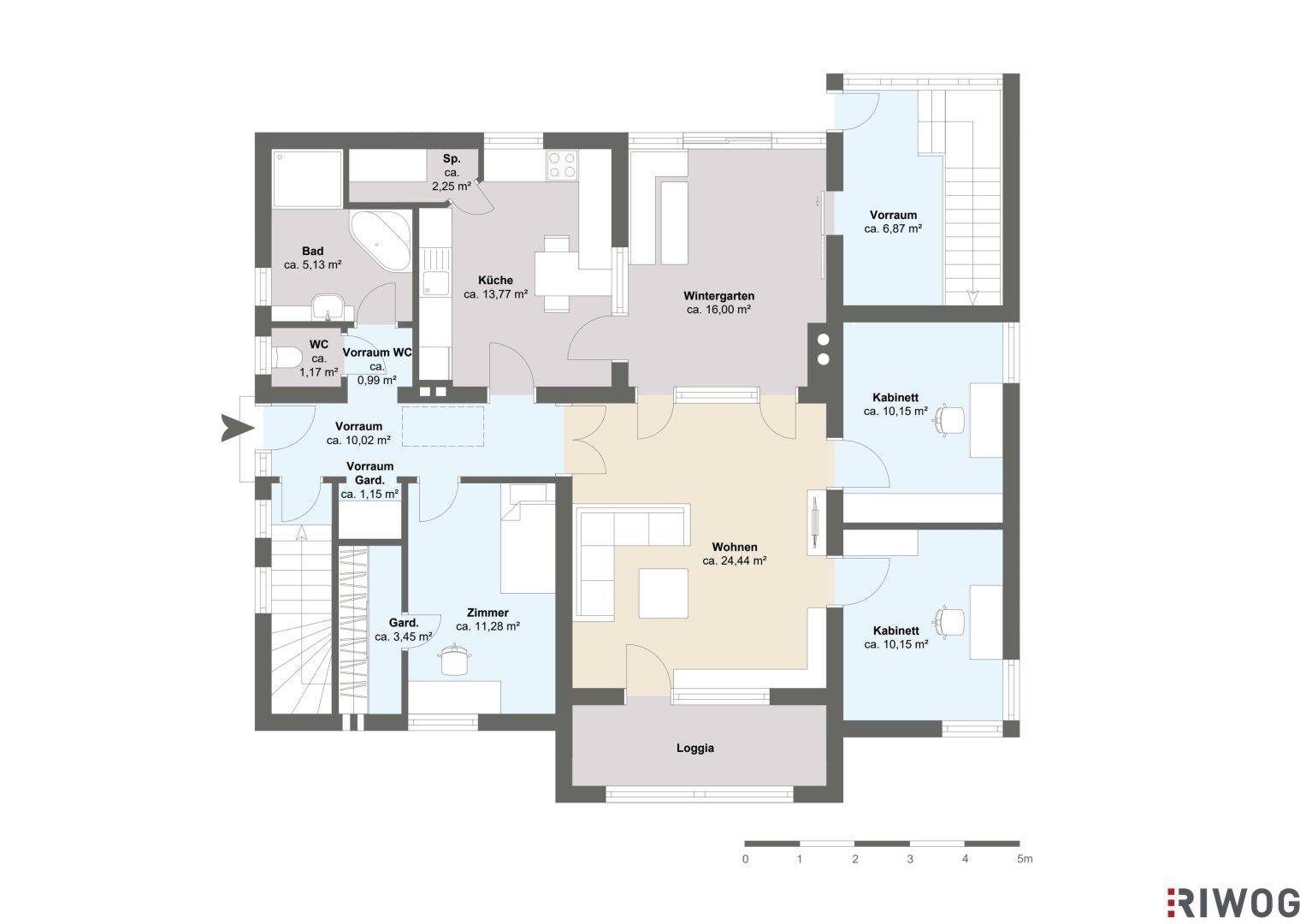 Grundriss des Erdgeschosses mit Wohnzimmer, Küche, Wintergarten, Loggia, Bad und weiteren Zimmern.