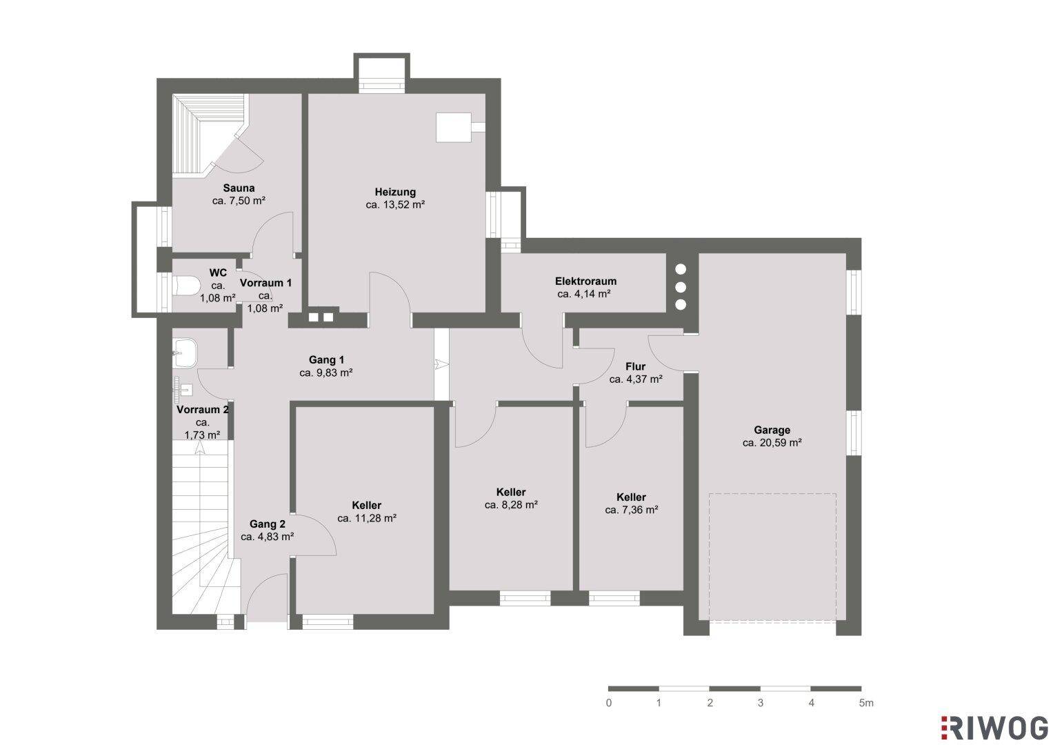 Grundriss des Untergeschosses mit Sauna, Heizungsraum, mehreren Kellerräumen und einer Garage.