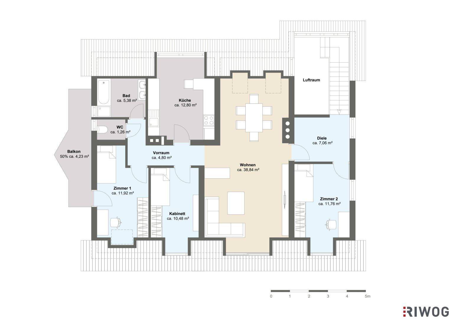 Grundriss des Obergeschosses mit Wohnzimmer, Küche, Bad, zwei Schlafzimmern, Kabinett und Balkon.