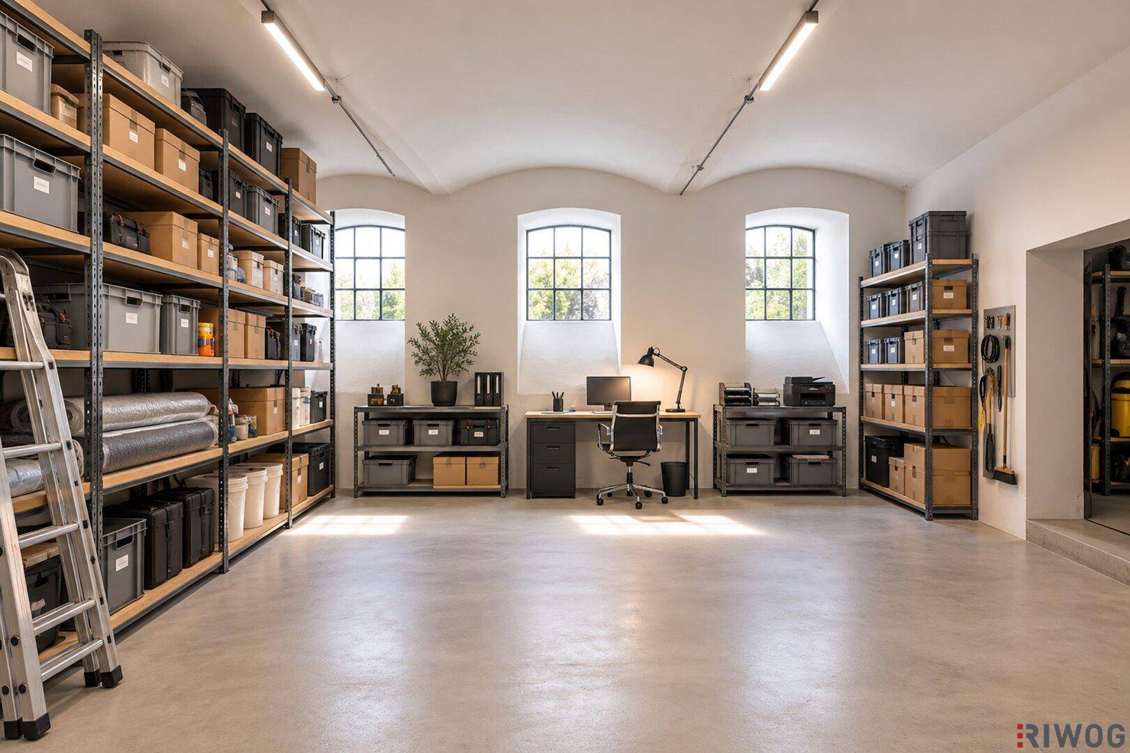 Heller Lagerraum mit modernen Metallregalen, Schreibtisch und Bürostuhl, ideal für Büro und Archivzwecke.