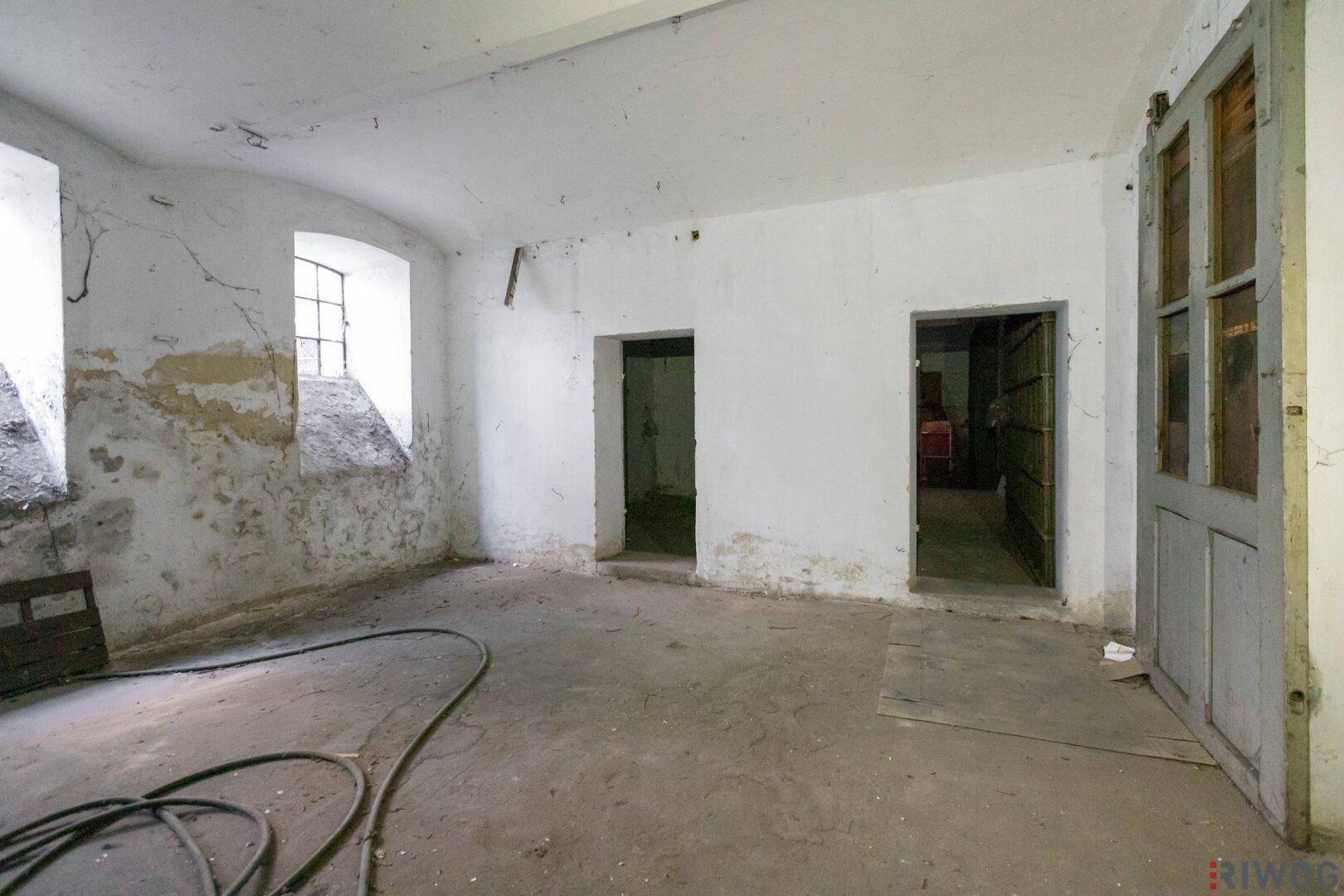 Unsanierter Raum mit zwei Türen, unverputzten Wänden und einem kleinen Fenster, in schlechtem Zustand.