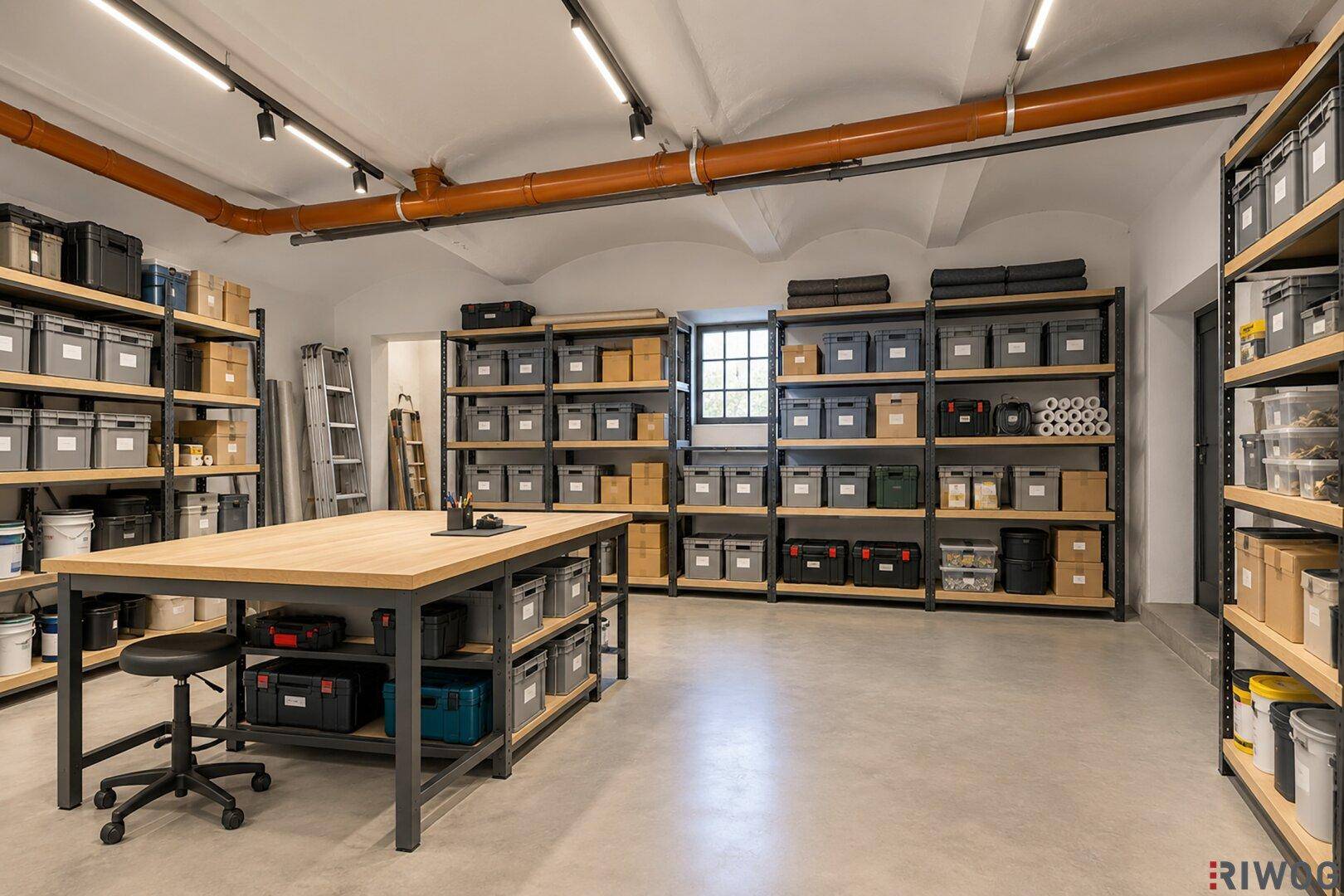 Moderner Lagerraum mit Metallregalen, Arbeitstisch und sichtbaren Rohren an der Decke, gut organisiert.