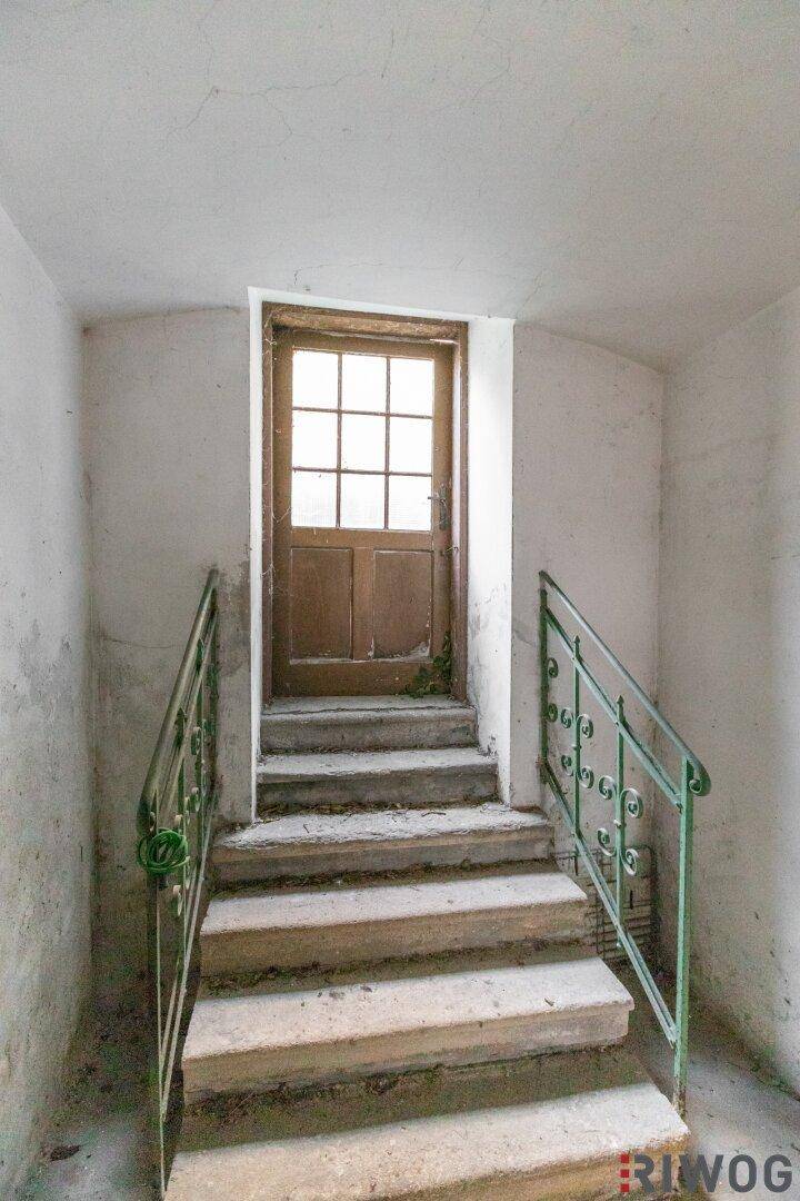 Steintreppe mit grünem Metallgeländer, die zu einer alten Holztür mit Fenster führt, in altem Gebäude.