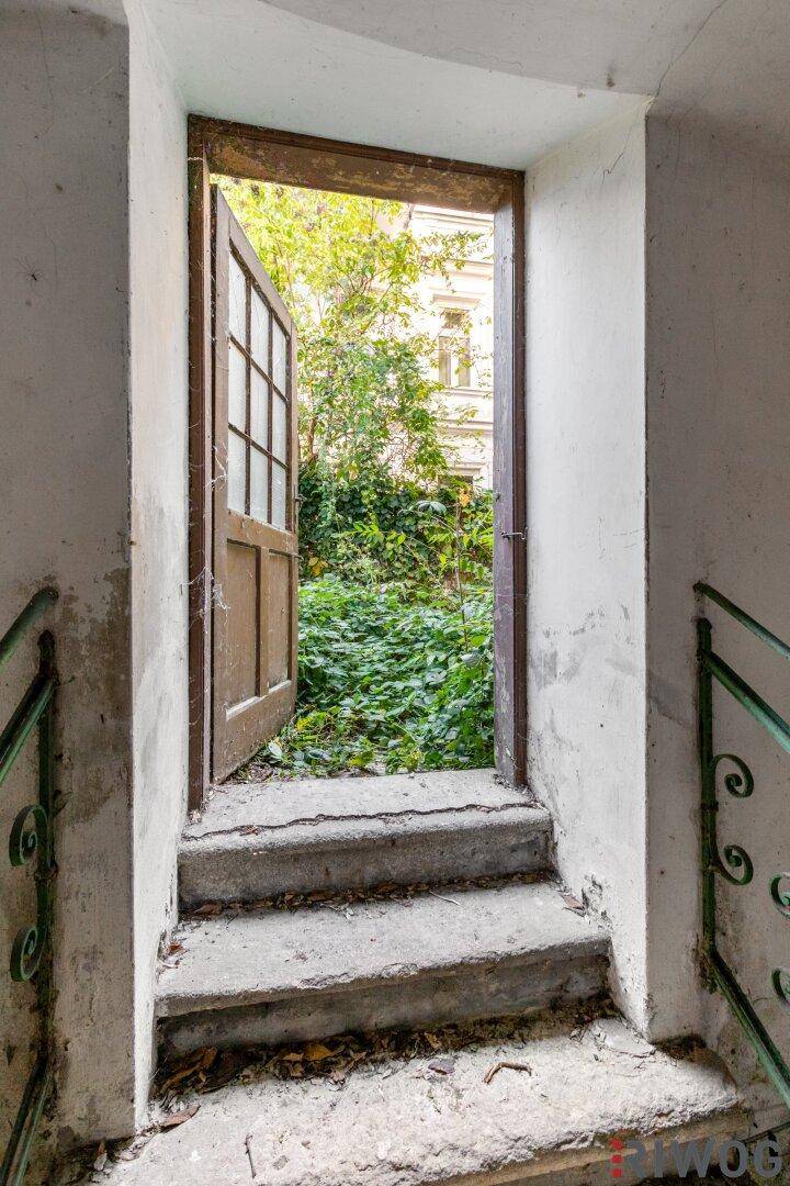 Offene Holztür am Ende einer Steintreppe, die in einen grünen Außenbereich führt, mit Tageslicht.