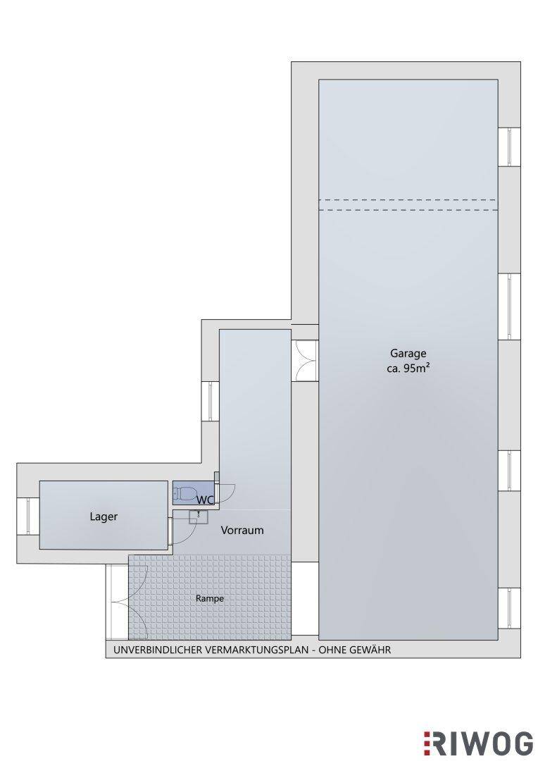 Grundriss zeigt eine Garage von ca. 95m², einen Lagerraum, ein WC, einen Vorraum und eine Rampe.
