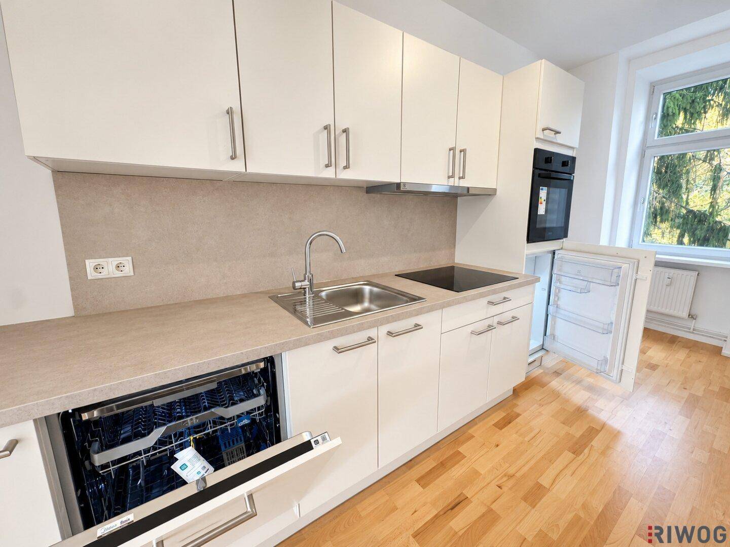 Moderne Einbauküche mit weißen Schränken, Spülmaschine und integriertem Backofen.