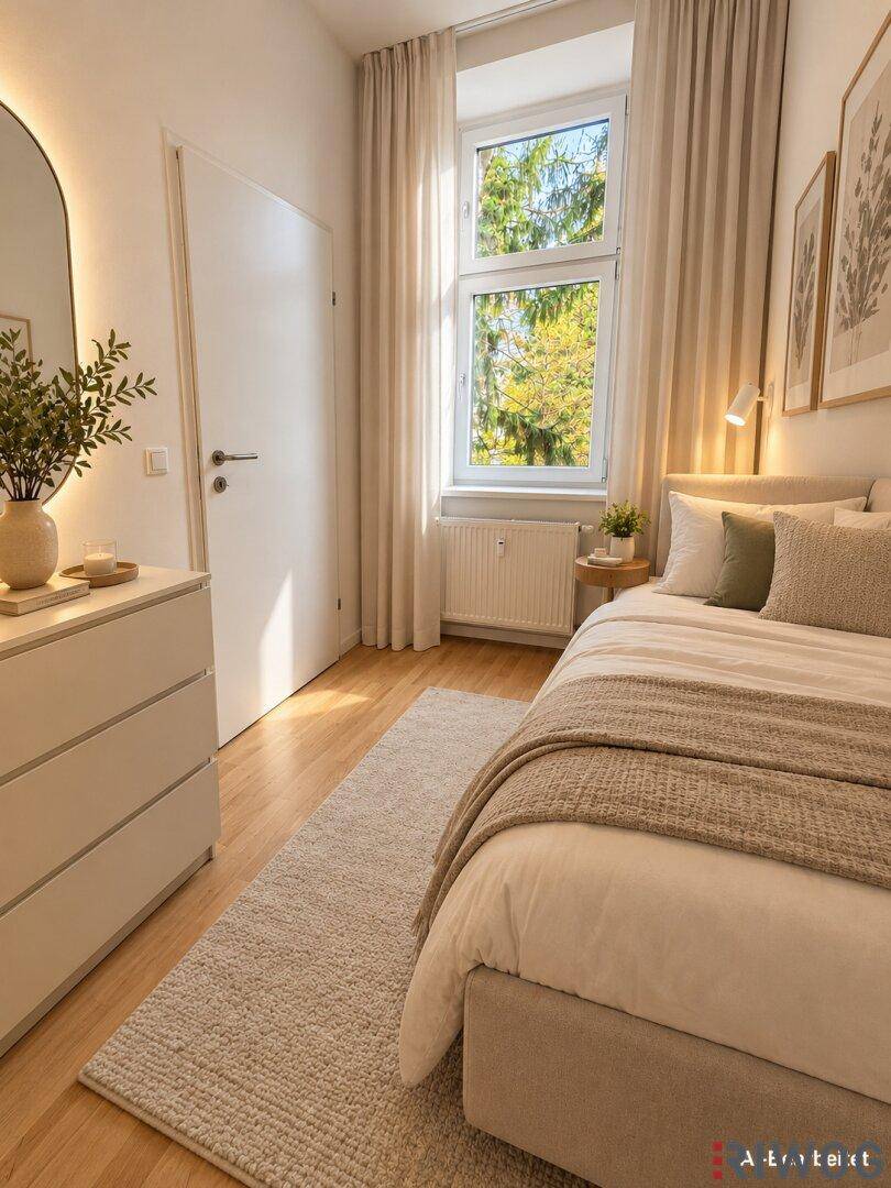Gemütliches Schlafzimmer mit Holzboden, großem Fenster und moderner Einrichtung.