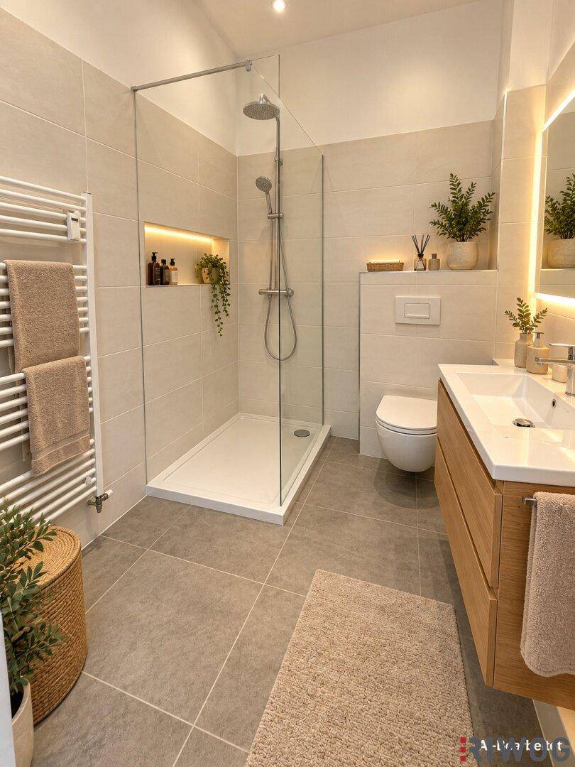 Modernes Badezimmer mit begehbarer Dusche, Wand-WC und beheiztem Handtuchhalter.