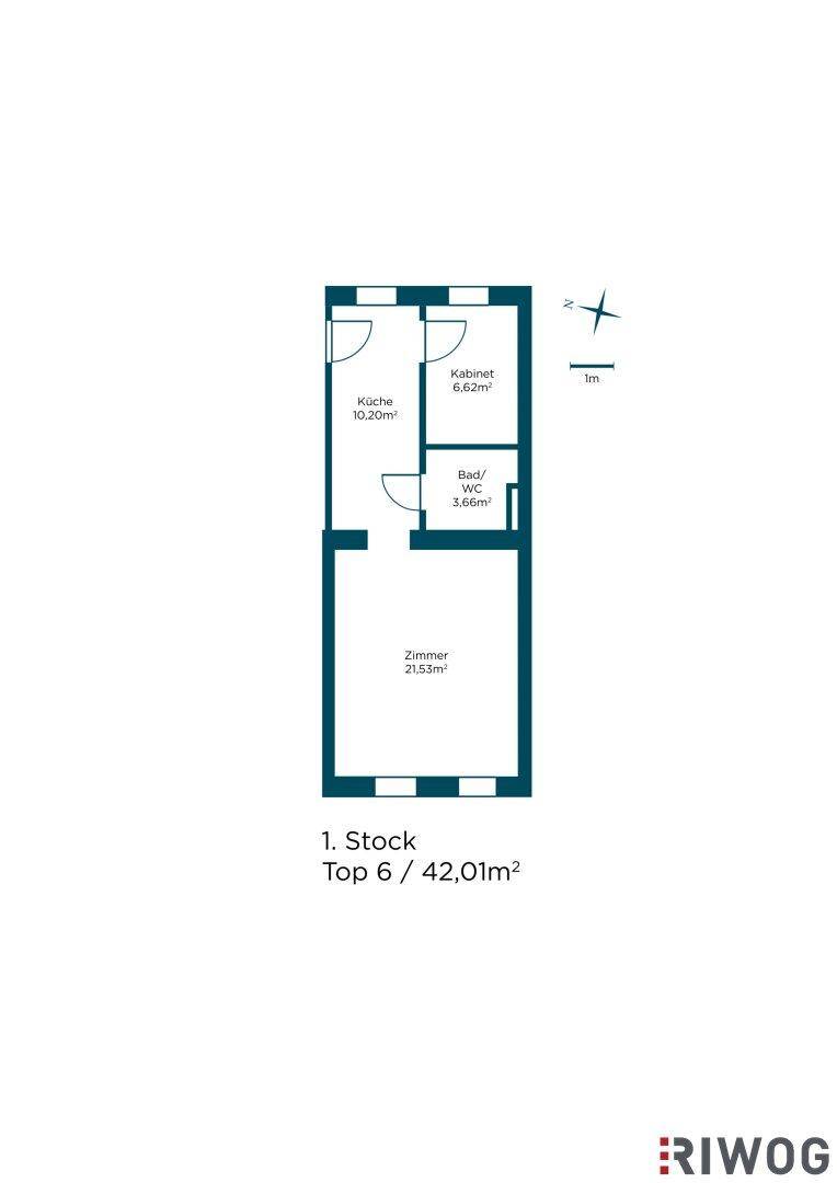 Grundriss der Wohnung im ersten Stock mit Küche, Bad und Zimmer.