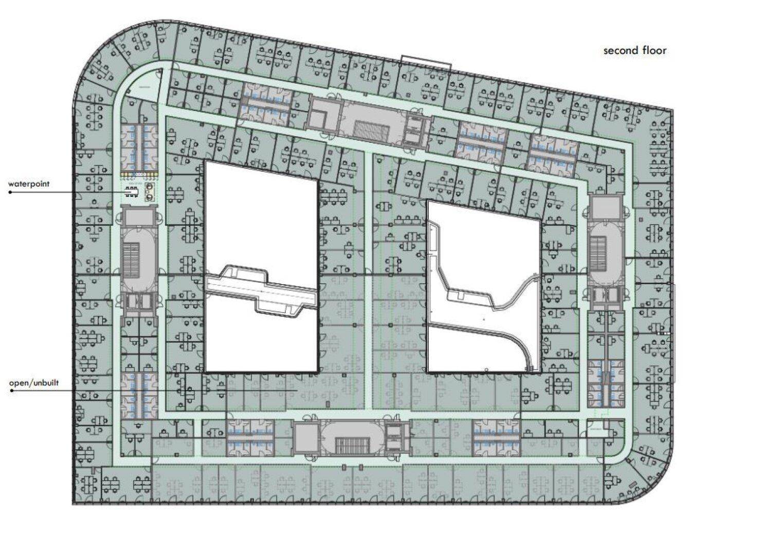 Übersichtlicher Grundriss des zweiten Stockwerks mit zahlreichen Büroeinheiten und einem offenen, flexiblen Layout.