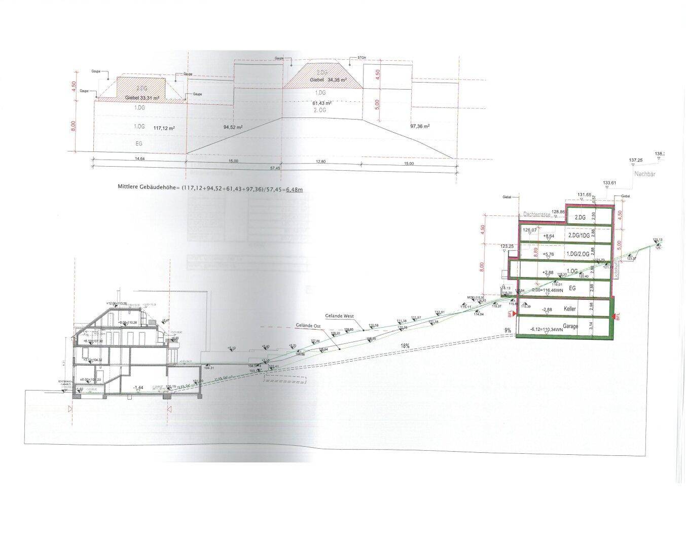 Architektonischer Schnittplan mit Höhenangaben und Grundrissdetails des Gebäudes.