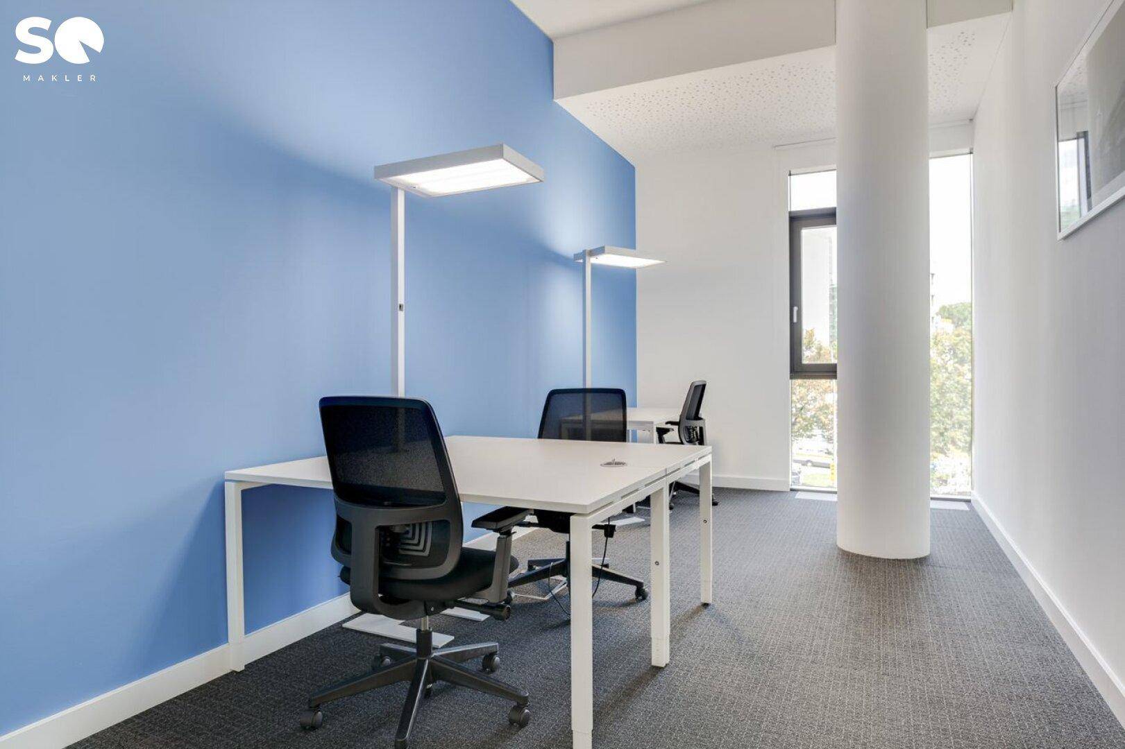 Modernes Büro mit blauer Akzentwand, Schreibtischen, Bürostühlen und Teppichboden.