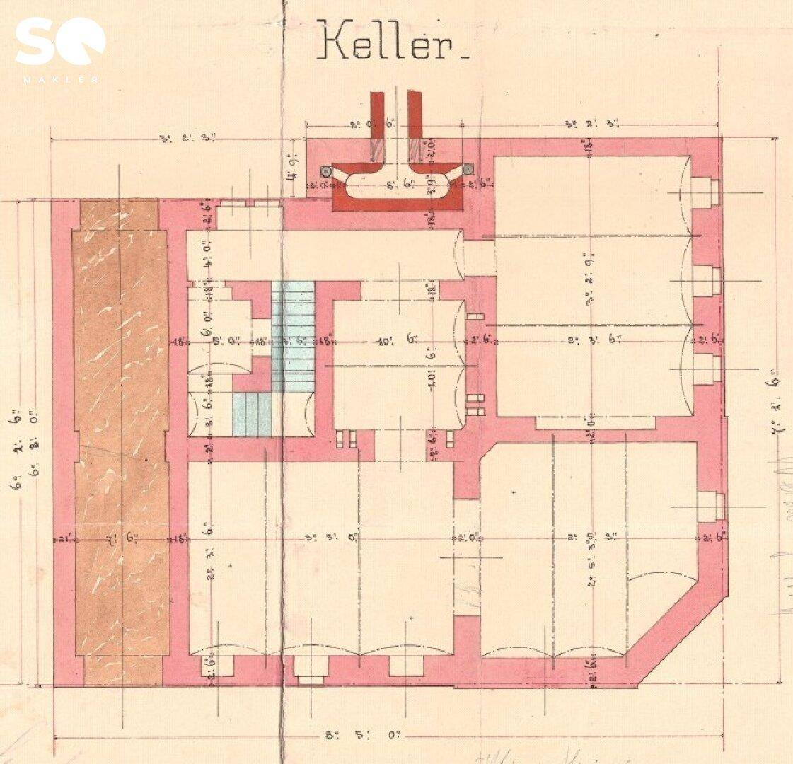 Historischer Grundriss des Kellers mit mehreren Räumen und Treppenhaus.
