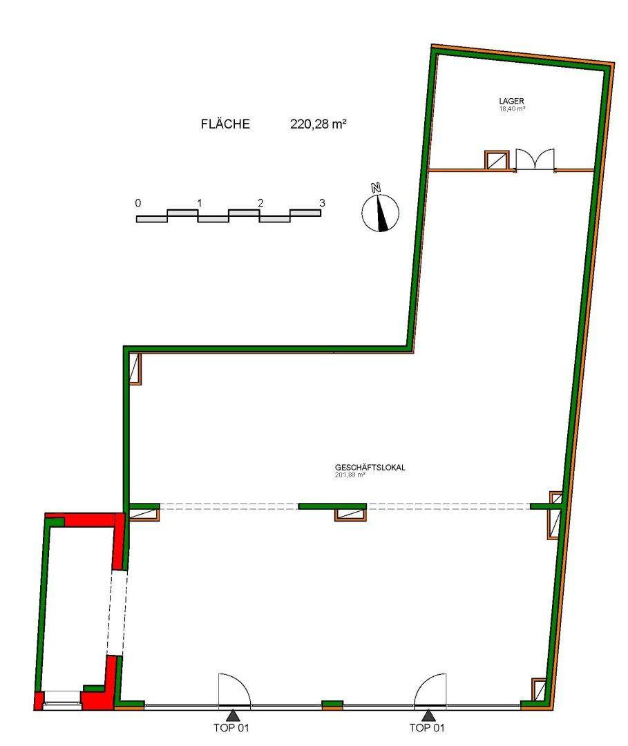 Grundrissplan eines Geschäftslokals mit einer Gesamtfläche von 220,28 m² inklusive Lagerbereich.