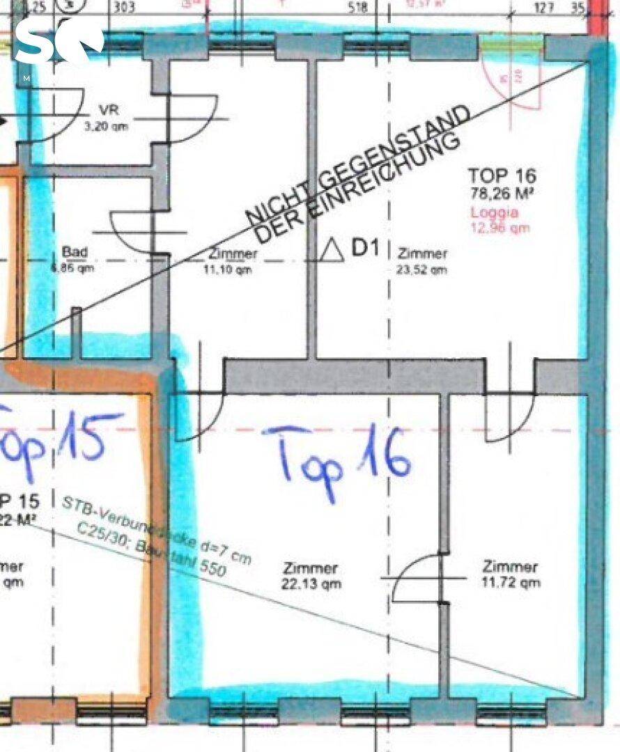 Detaillierter Grundriss der Wohnung Top 16 mit Loggia und mehreren Zimmern.