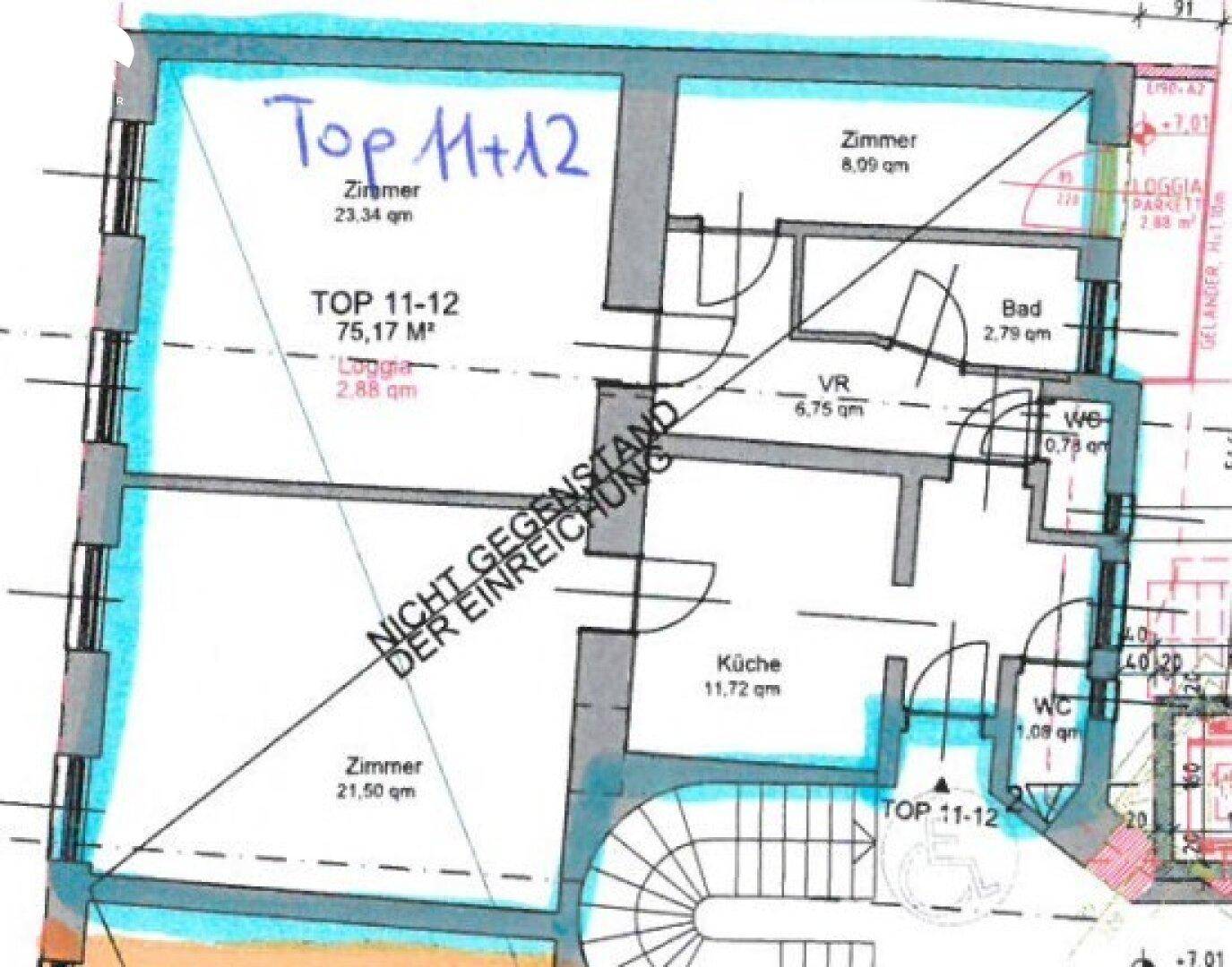 Detaillierter Grundriss der Wohnung mit Zimmeraufteilung, Flächenangaben und Loggia.