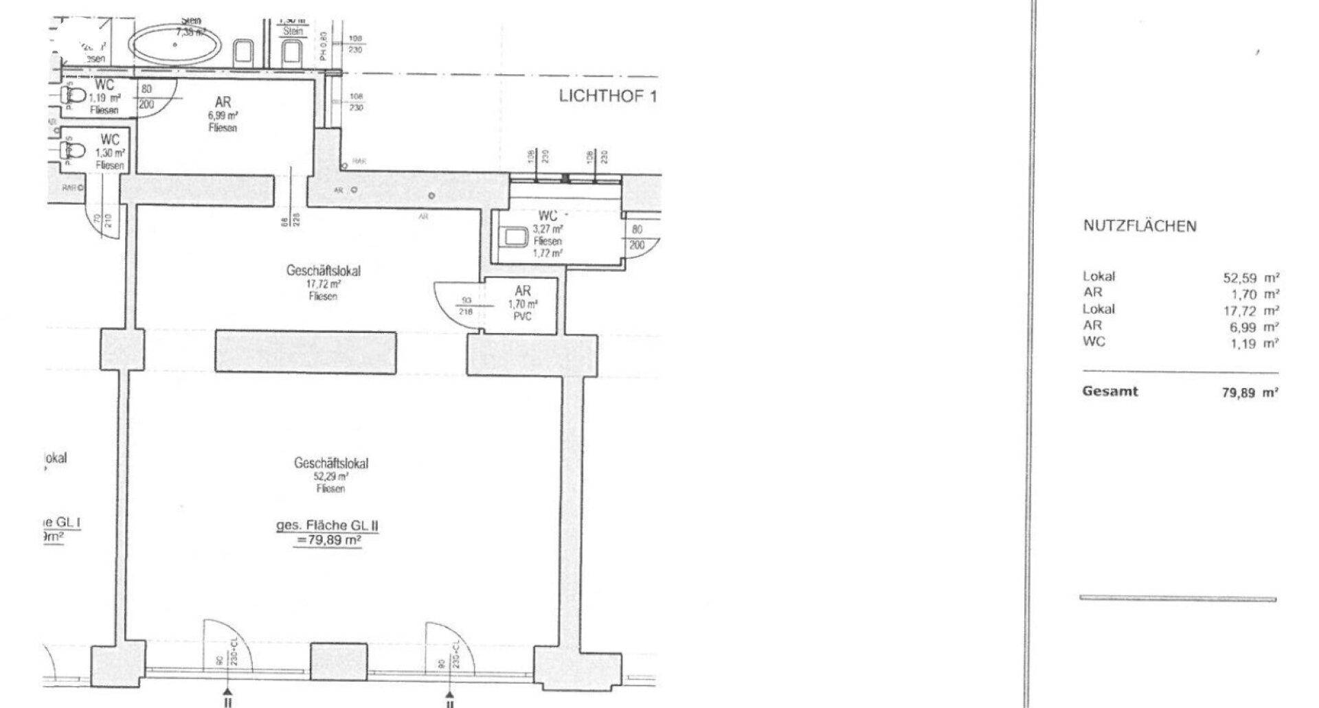 Grundrissplan mit zwei Gewerbeflächen und zugehörigen Sanitärbereichen, inklusive Nutzflächenübersicht.
