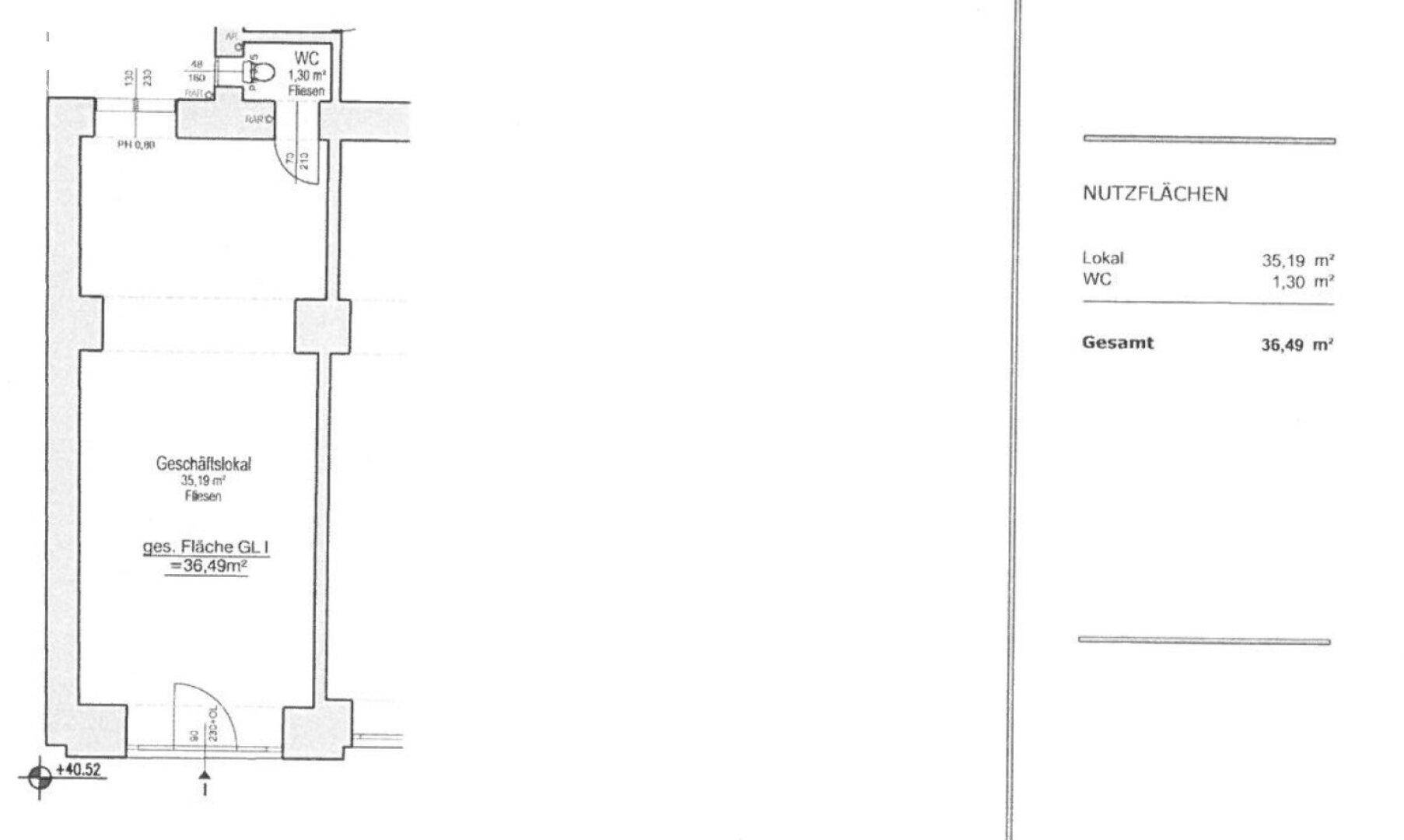 Grundrissplan eines Geschäftslokals mit einer Gesamtfläche von 36,49 m² und separatem WC.