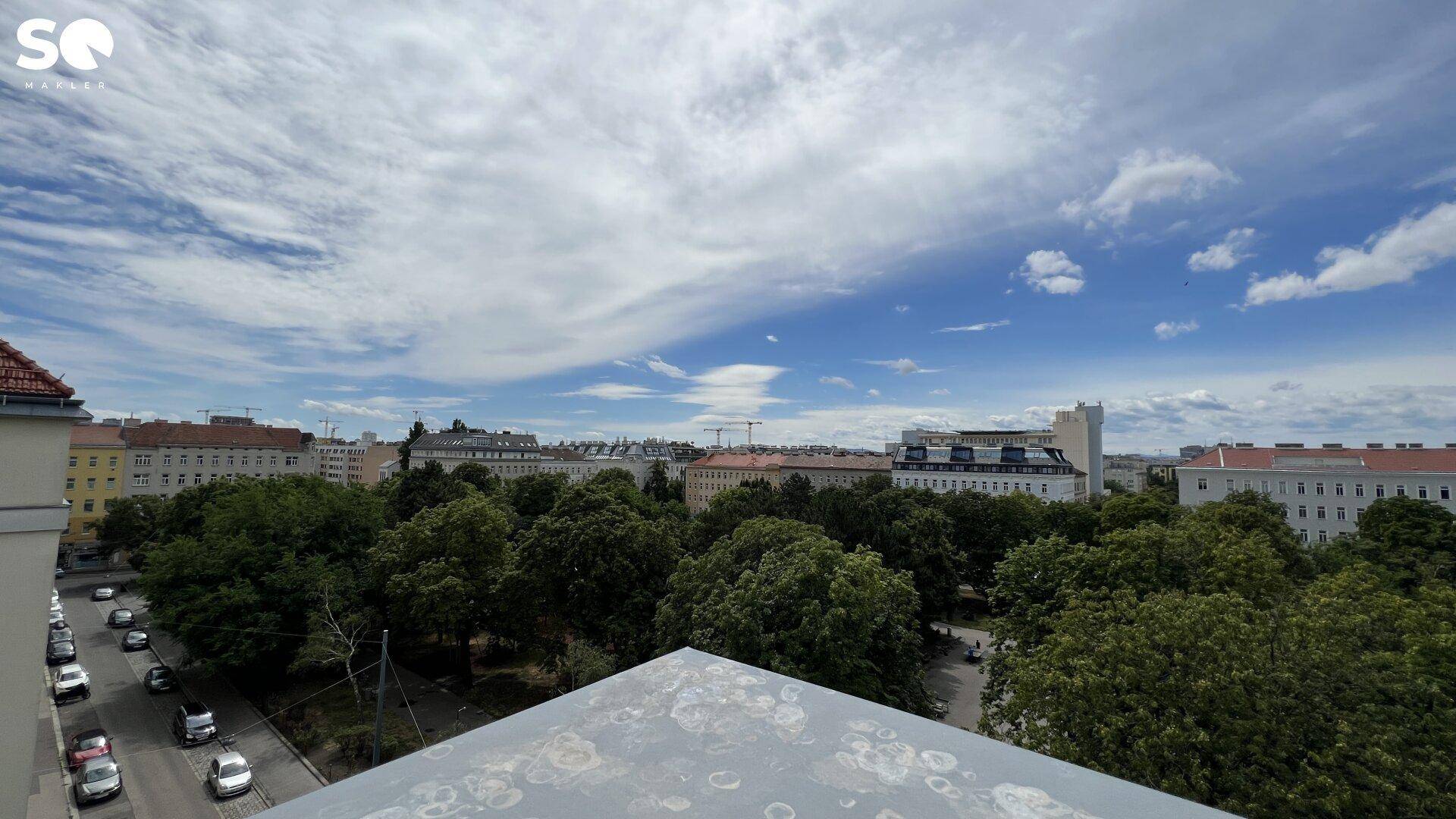 Weitläufiger Blick über eine grüne Parkanlage und die Dächer der Stadt.