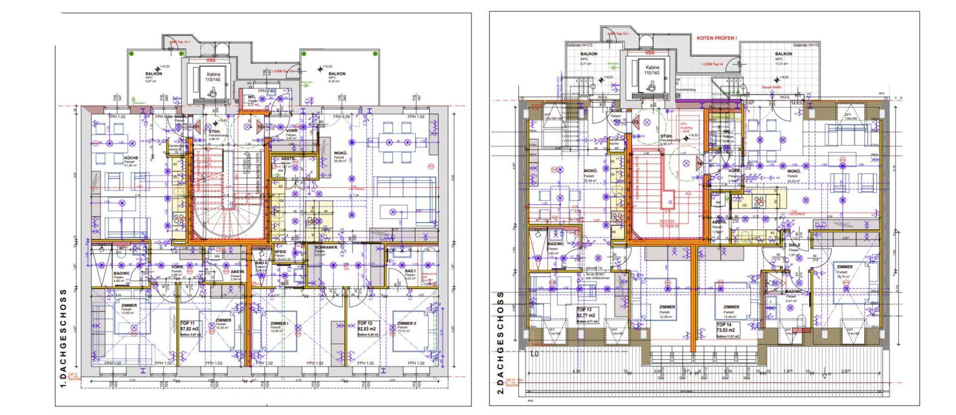 Zwei Grundrisse des Dachgeschosses mit verschiedenen Wohnungsaufteilungen und Terrassen.