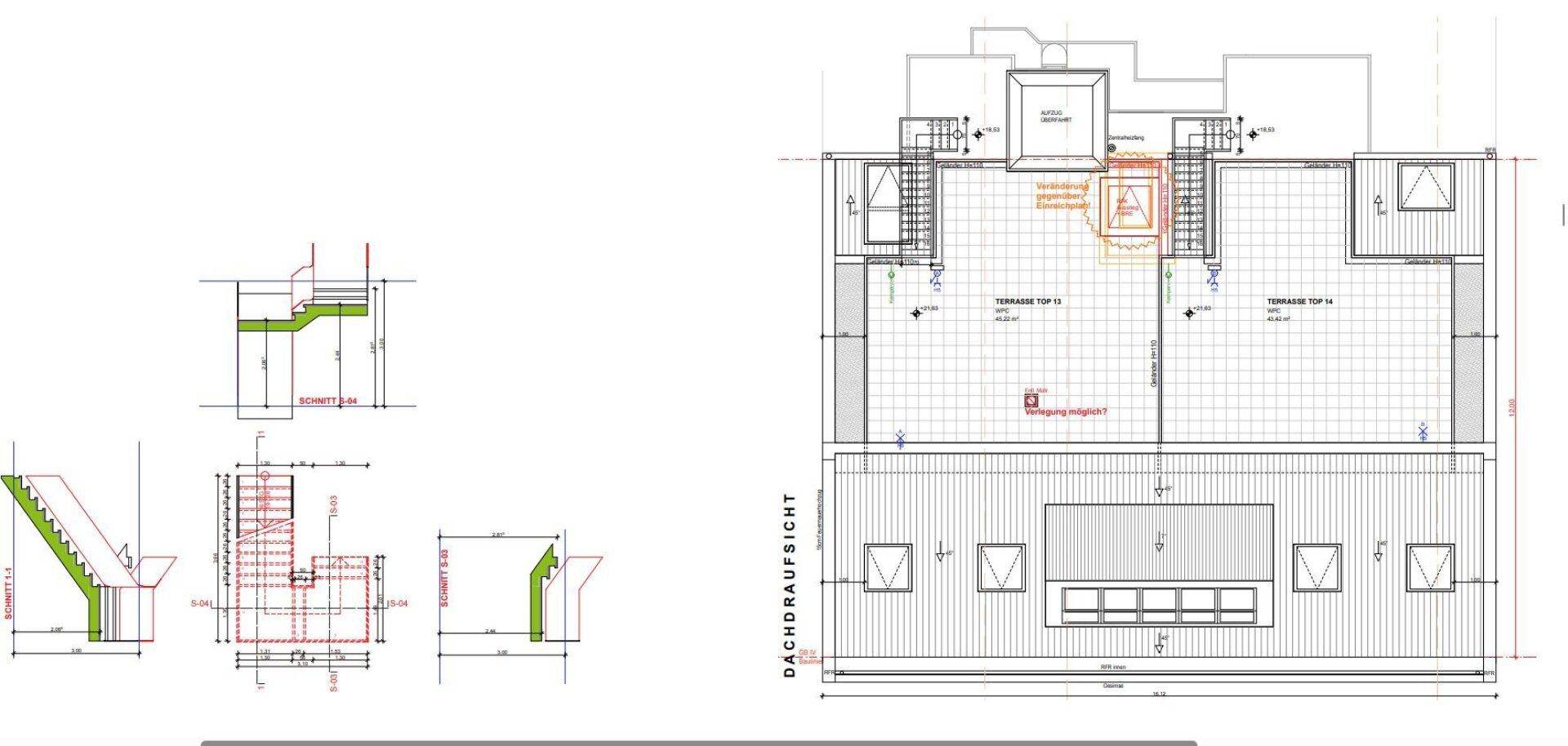 Dachaufsicht mit zwei großen Terrassenbereichen und detaillierten Treppenansichten.
