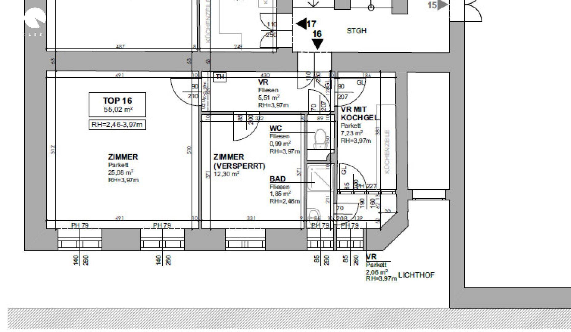 Grundriss einer Wohnung mit zwei Zimmern, Bad, WC und Kochgelegenheit, inklusive Maßen.
