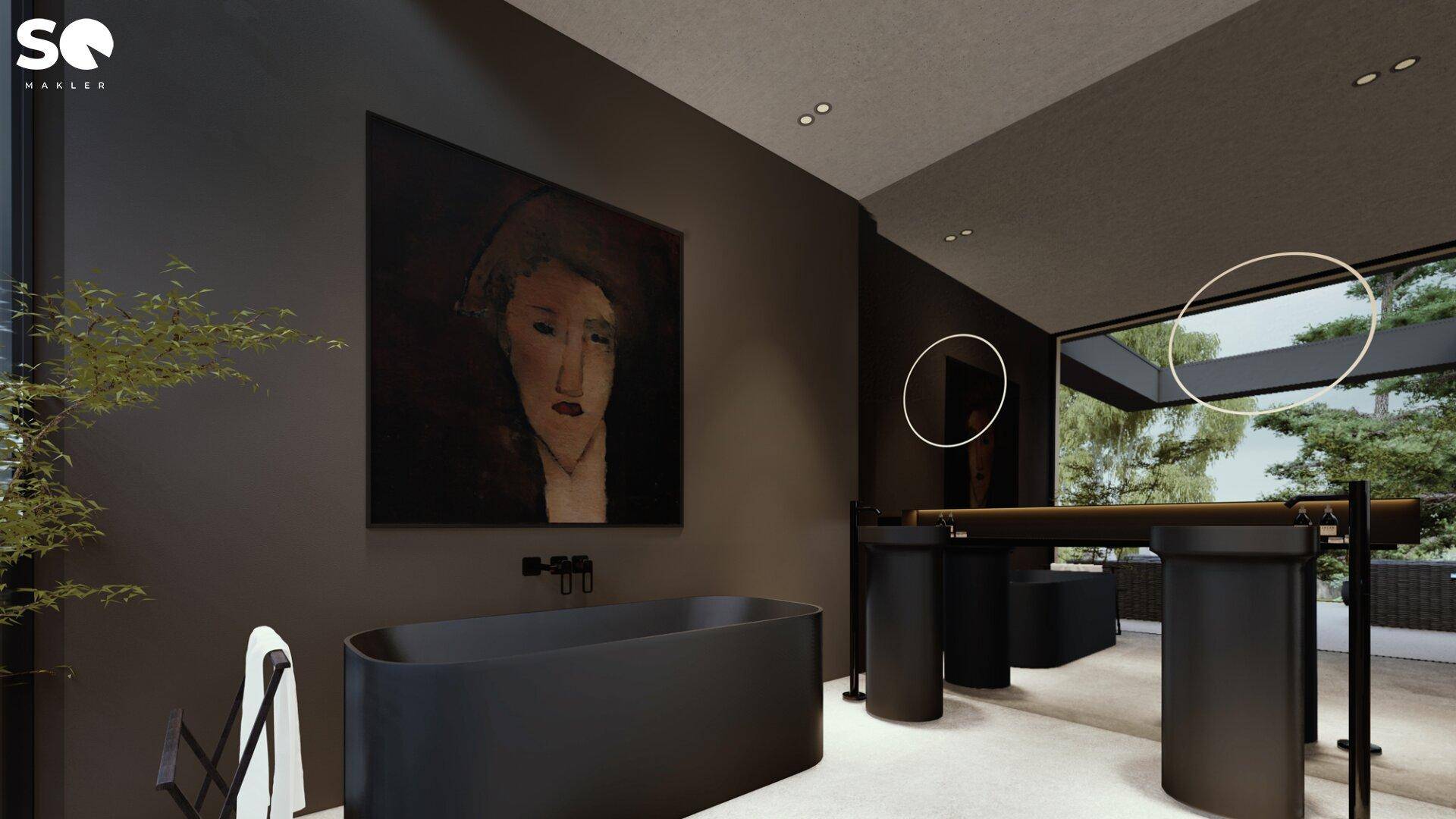 Luxuriöses Badezimmer mit freistehender schwarzer Badewanne und großen Fenstern.