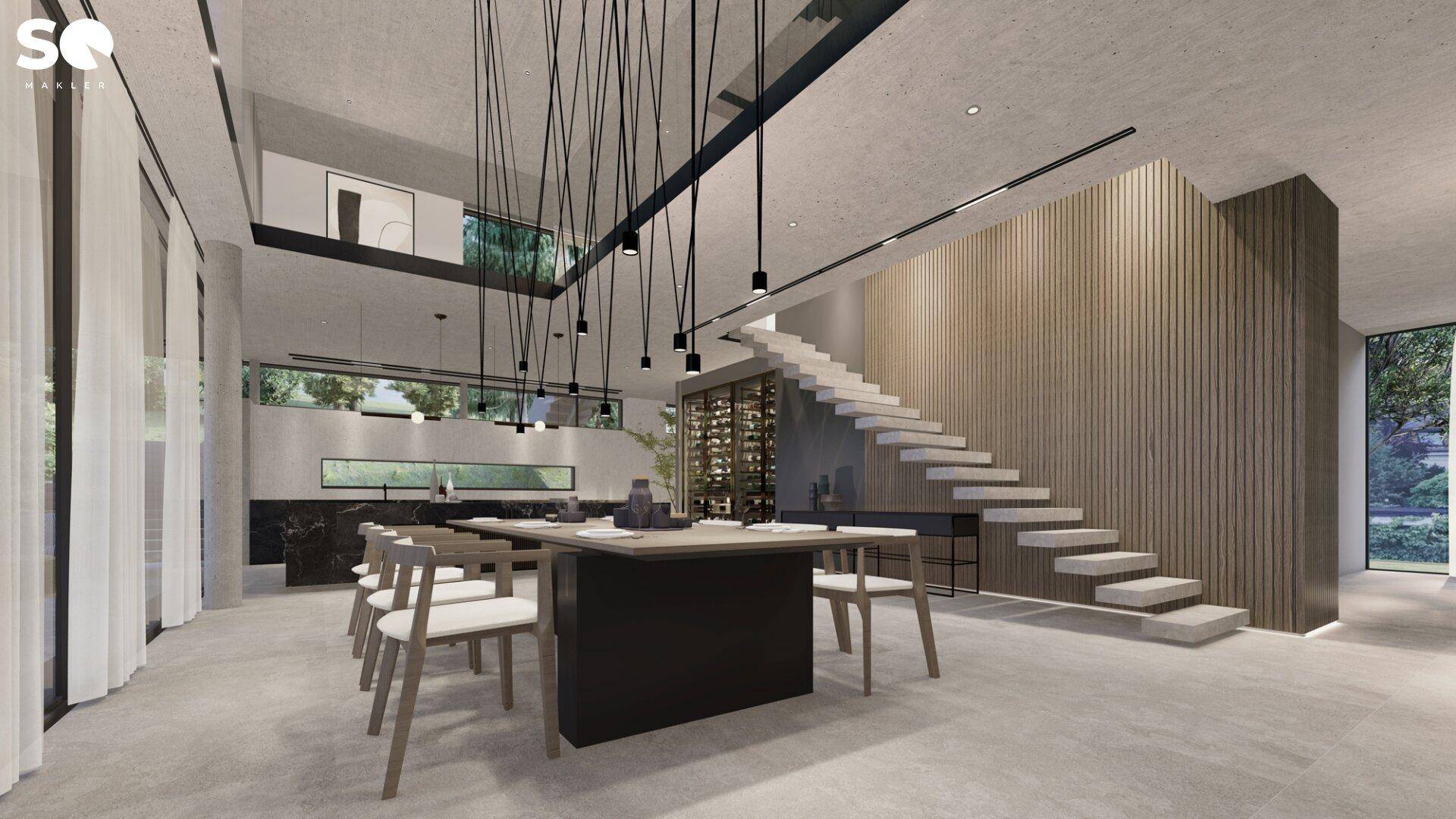 Eleganter Essbereich mit moderner Beleuchtung, offener Treppe und integriertem Weinkeller.