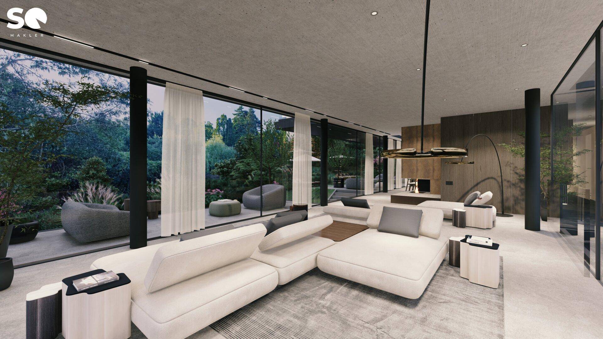 Heller Wohnbereich mit großem Sofa, bodentiefen Fenstern und Zugang zum Garten.