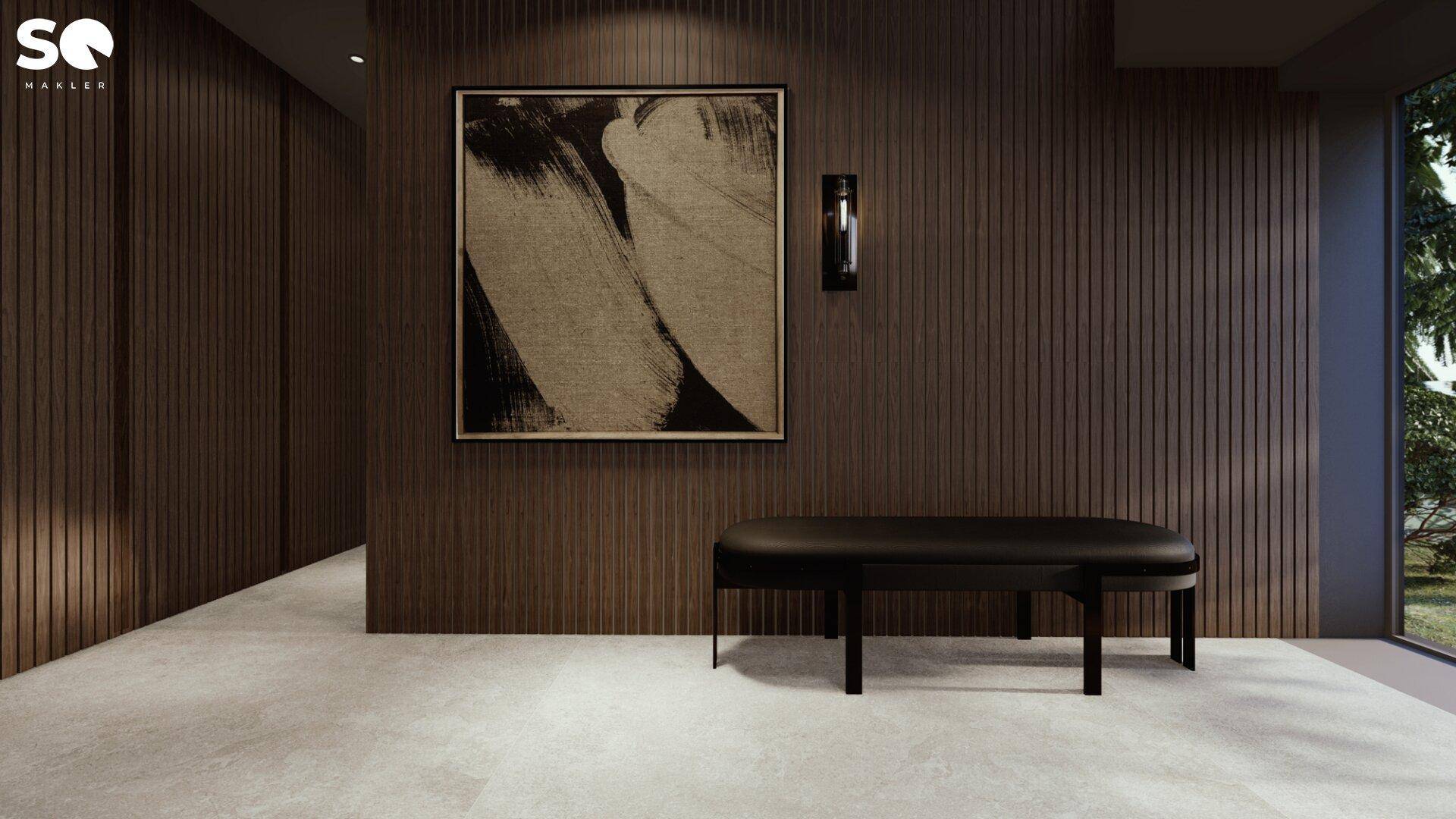 Moderner Flurbereich mit Holzwandverkleidung, Kunstwerk und Sitzbank.