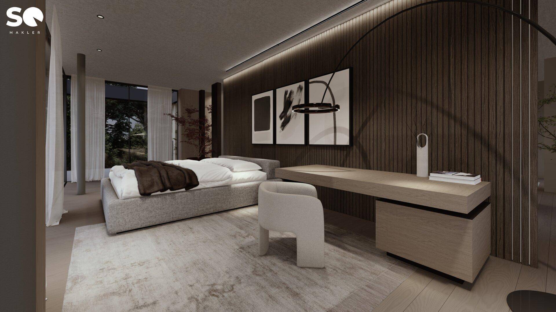 Modernes Schlafzimmer mit Holzwandverkleidung, integriertem Schreibtisch und indirekter Beleuchtung.
