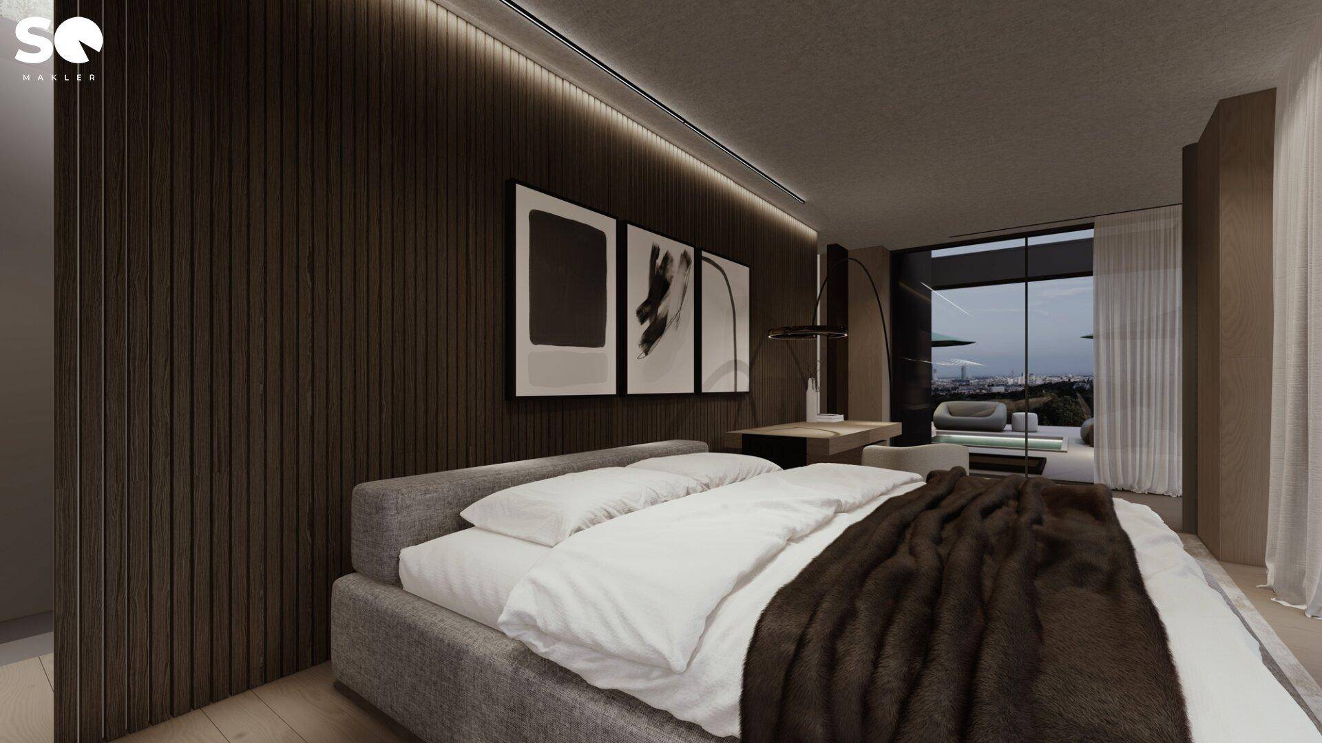 Elegantes Schlafzimmer mit Holzwand, großem Bett und Zugang zu einer Terrasse.