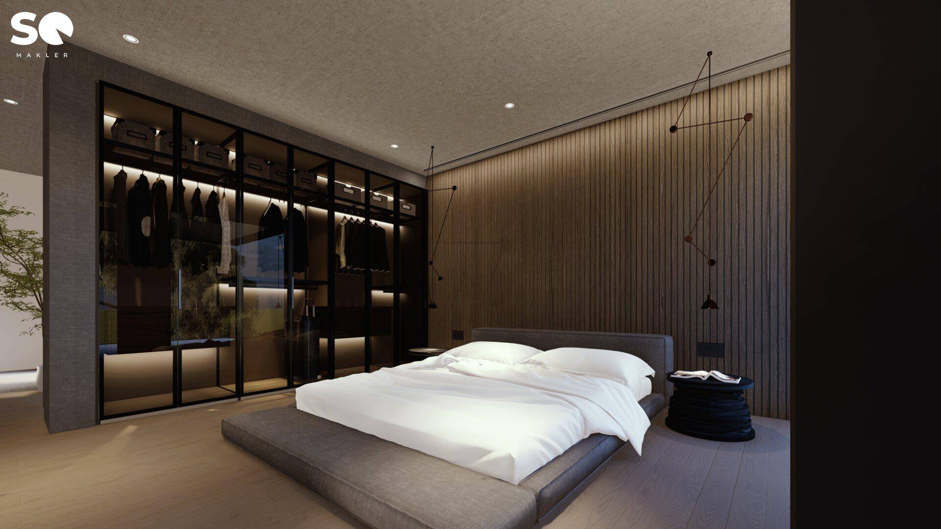 Modernes Schlafzimmer mit integriertem Kleiderschrank und Holzwandverkleidung.