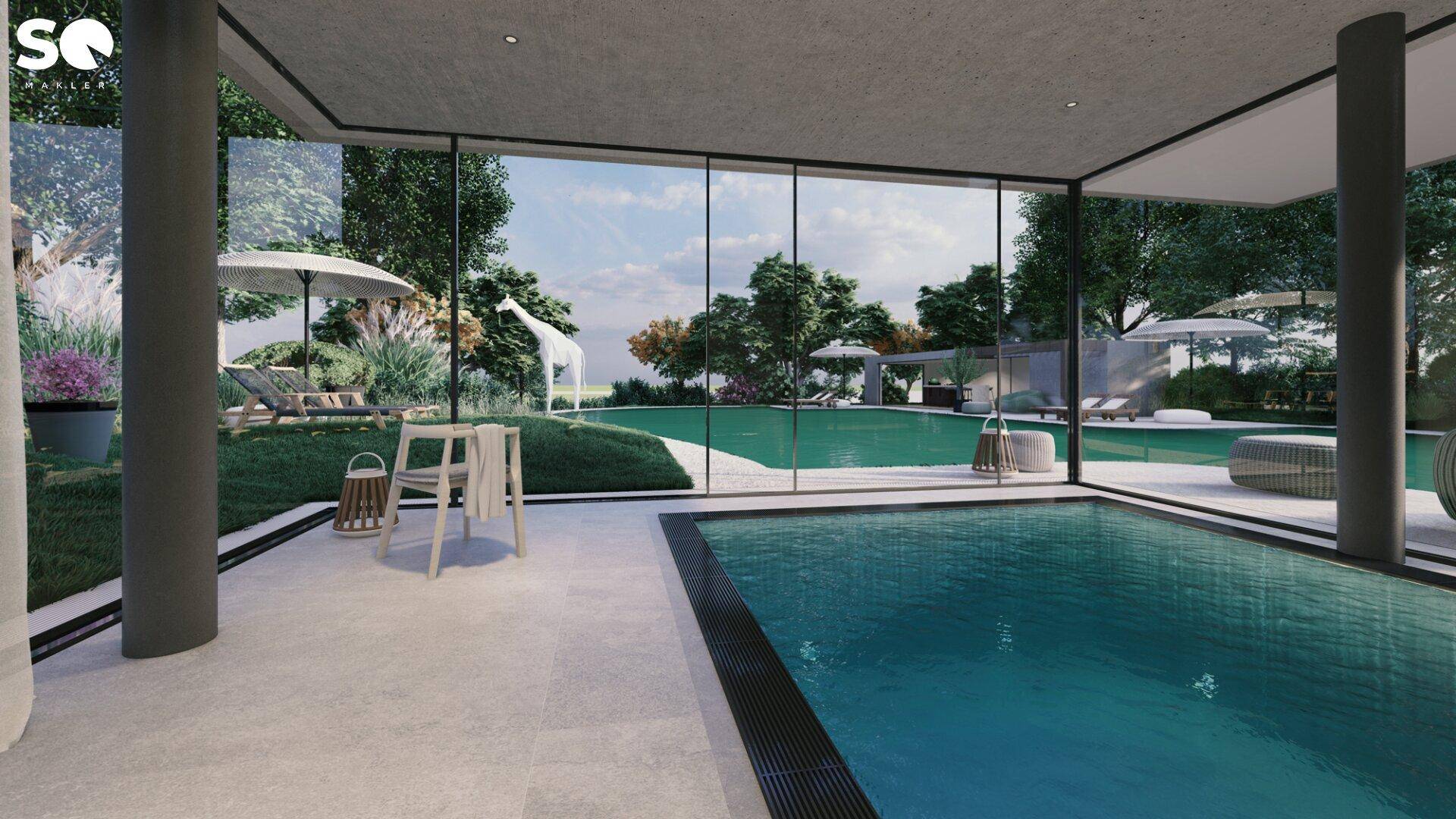 Innenpoolbereich mit großen Glasfronten und Blick auf den Außenbereich mit weiterem Pool.