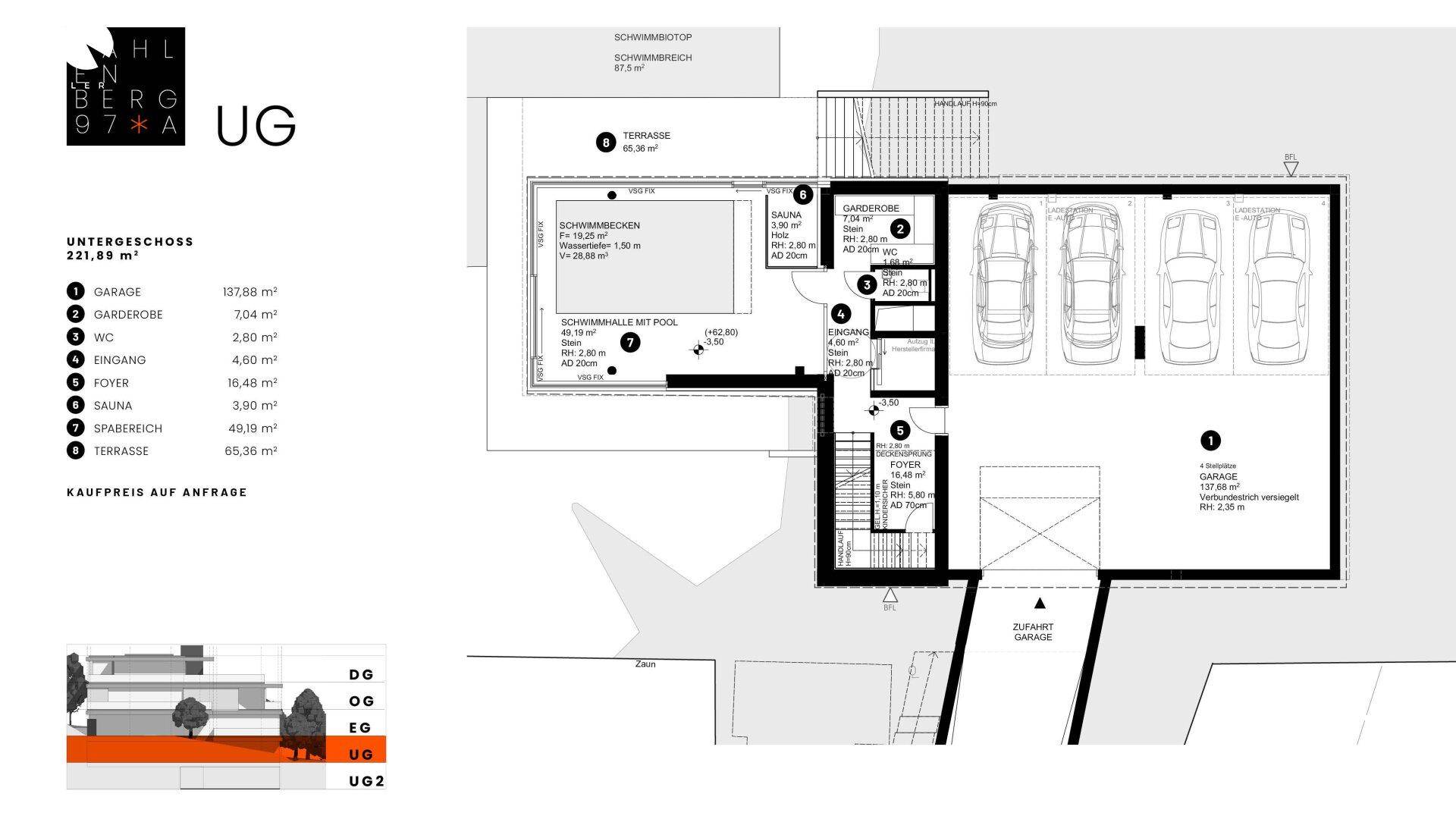 Grundriss des Untergeschosses mit Garage, Wellnessbereich, Schwimmteich und Weinkeller.