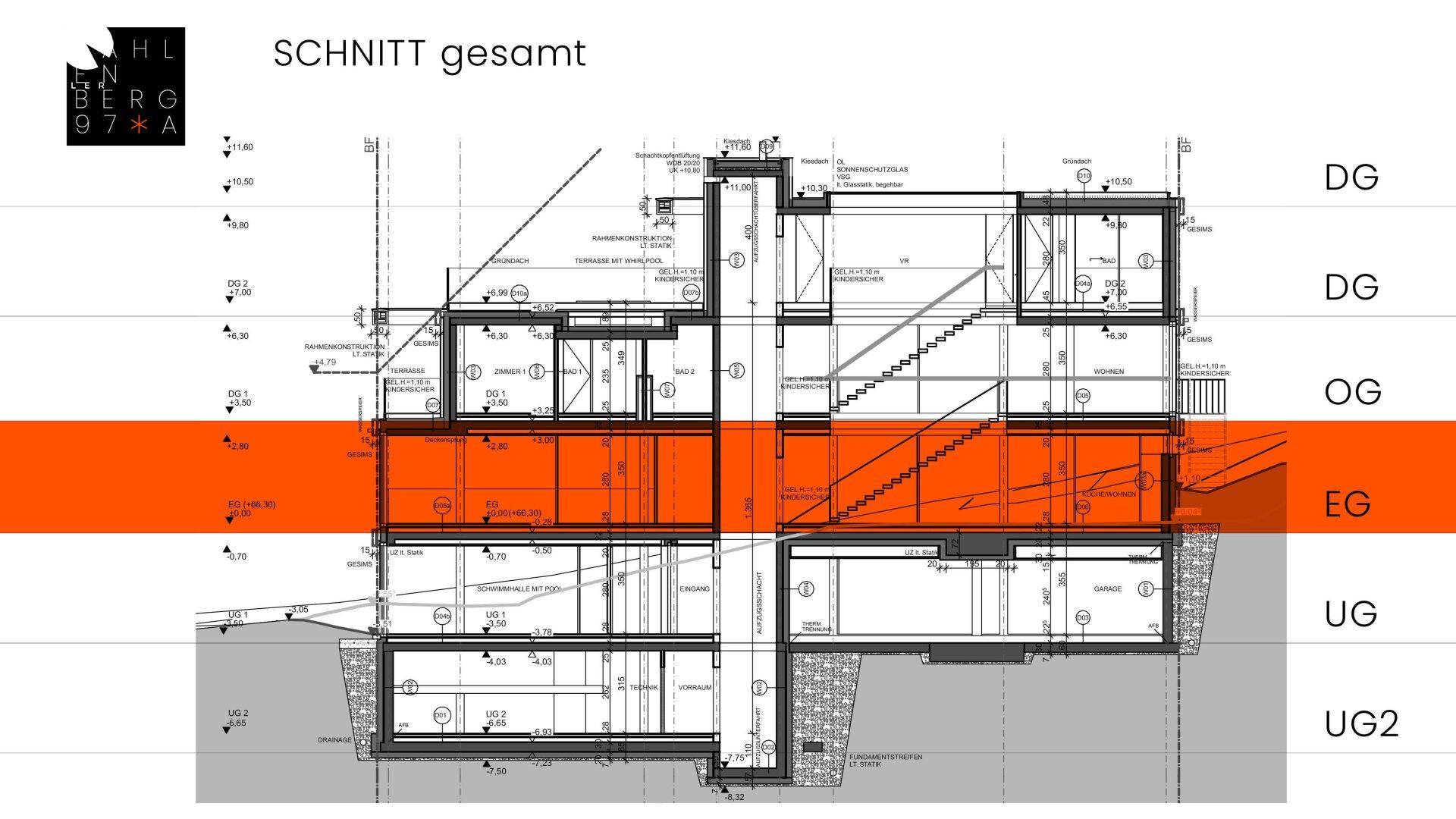 Schnittansicht des Gebäudes, die das Erdgeschoss hervorhebt und die Geschosse UG bis DG zeigt.