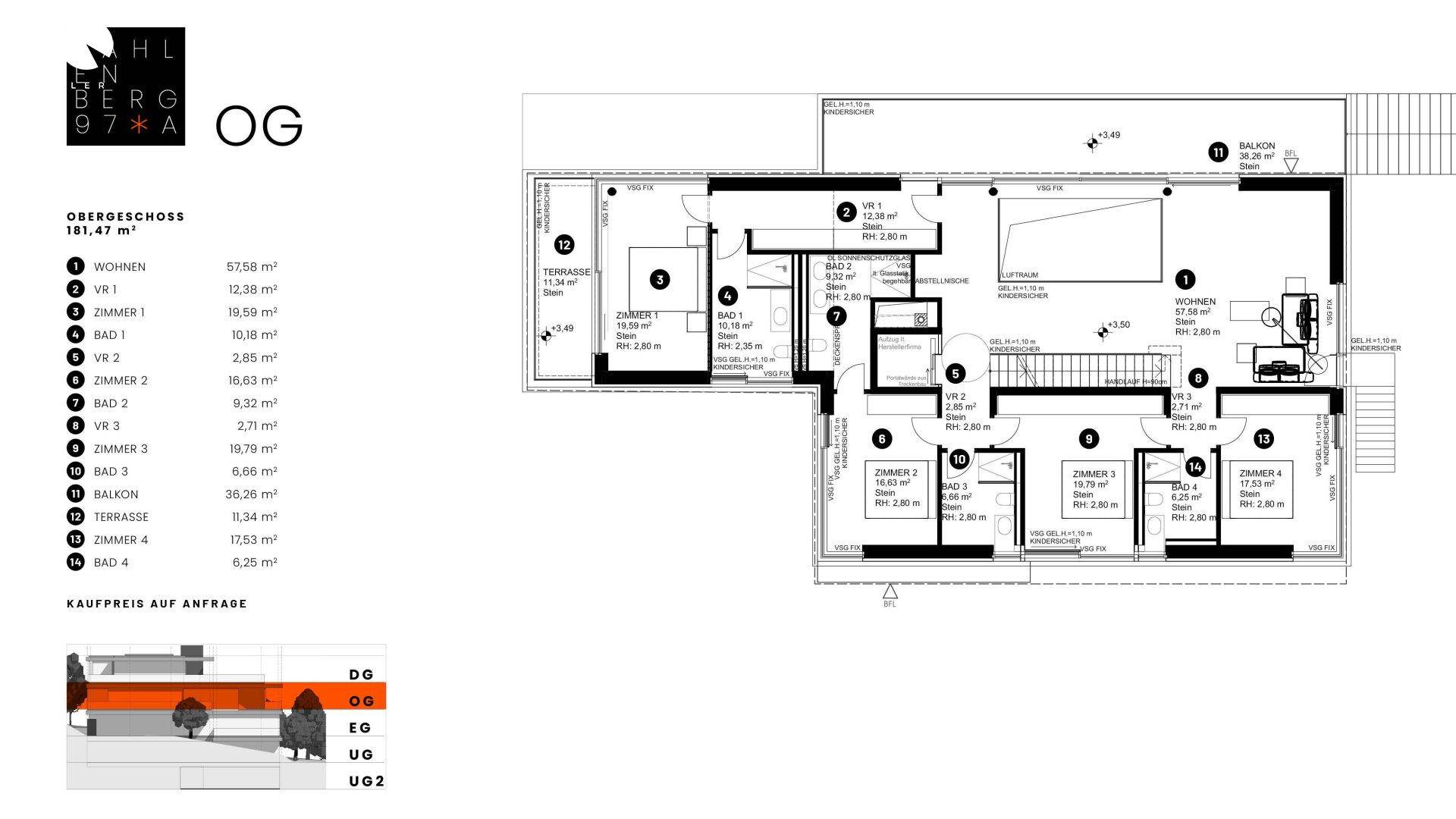 Grundriss des Obergeschosses mit mehreren Schlafzimmern, Bädern und Zugang zu Balkonen und Terrassen.