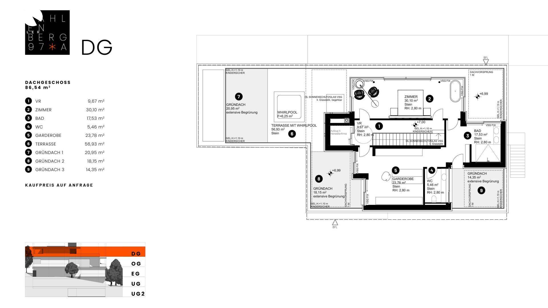 Grundriss des Dachgeschosses mit Zimmern, Bädern, Whirlpool und Dachterrassen.