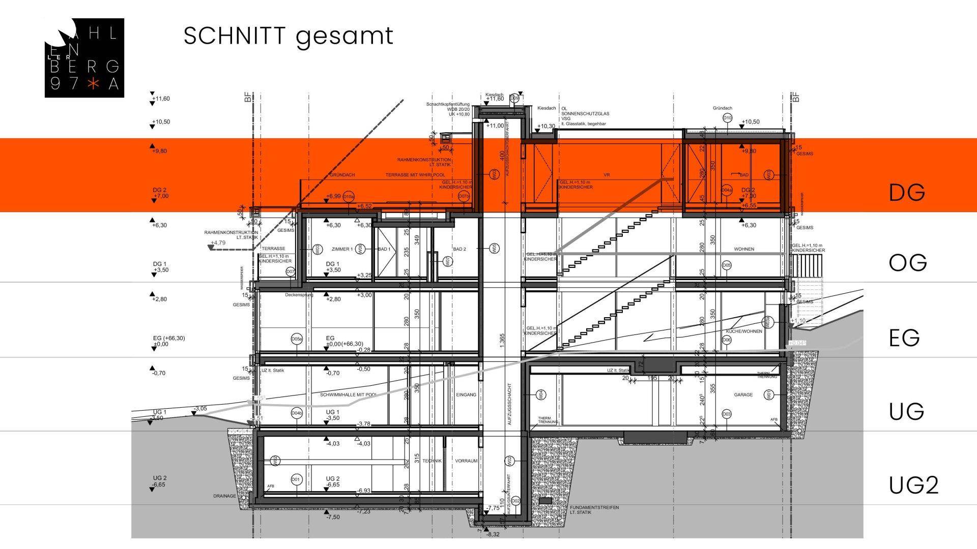 Schnittansicht des Gebäudes, die das Dachgeschoss hervorhebt und die Geschosse UG bis DG zeigt.