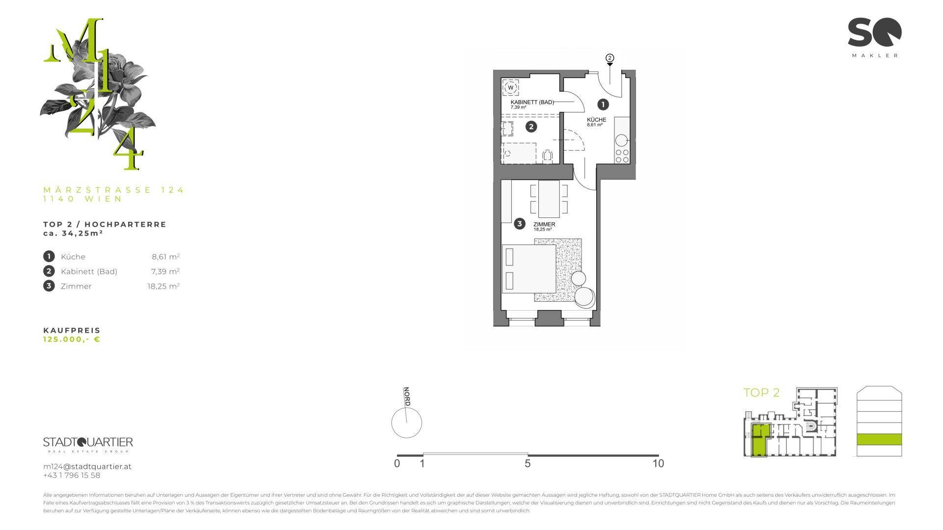 Grundriss einer Wohnung mit einem Schlafzimmer, Küche und Bad auf 34,25 m².