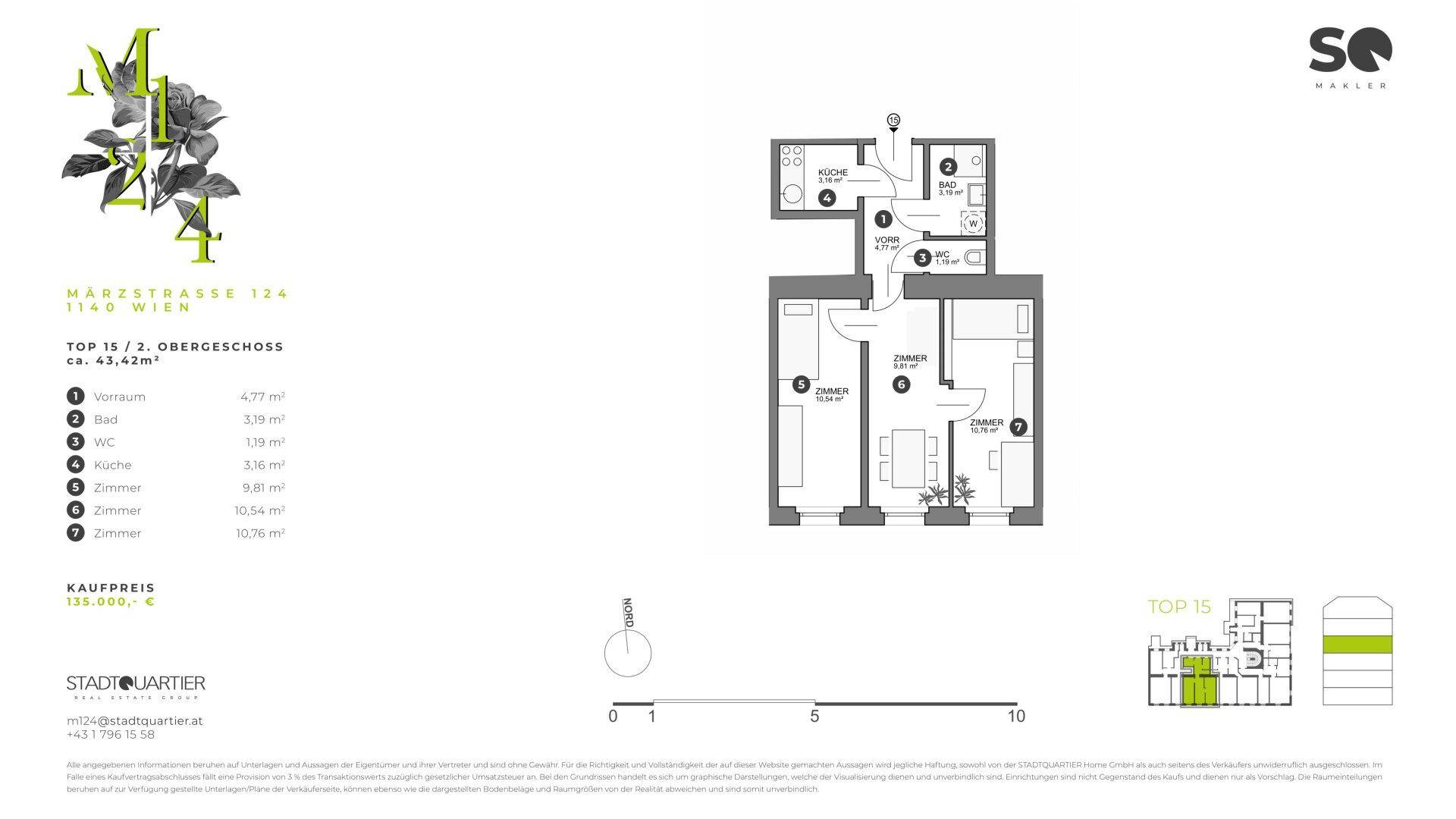Grundriss einer Wohnung im zweiten Obergeschoss mit offenem Wohnbereich und Balkon.