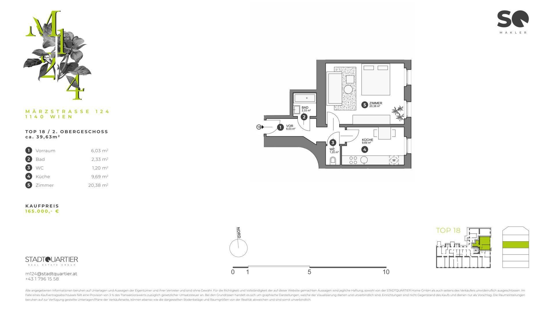 Grundriss einer kompakten Wohnung im zweiten Obergeschoss mit separatem WC und kleiner Küche.