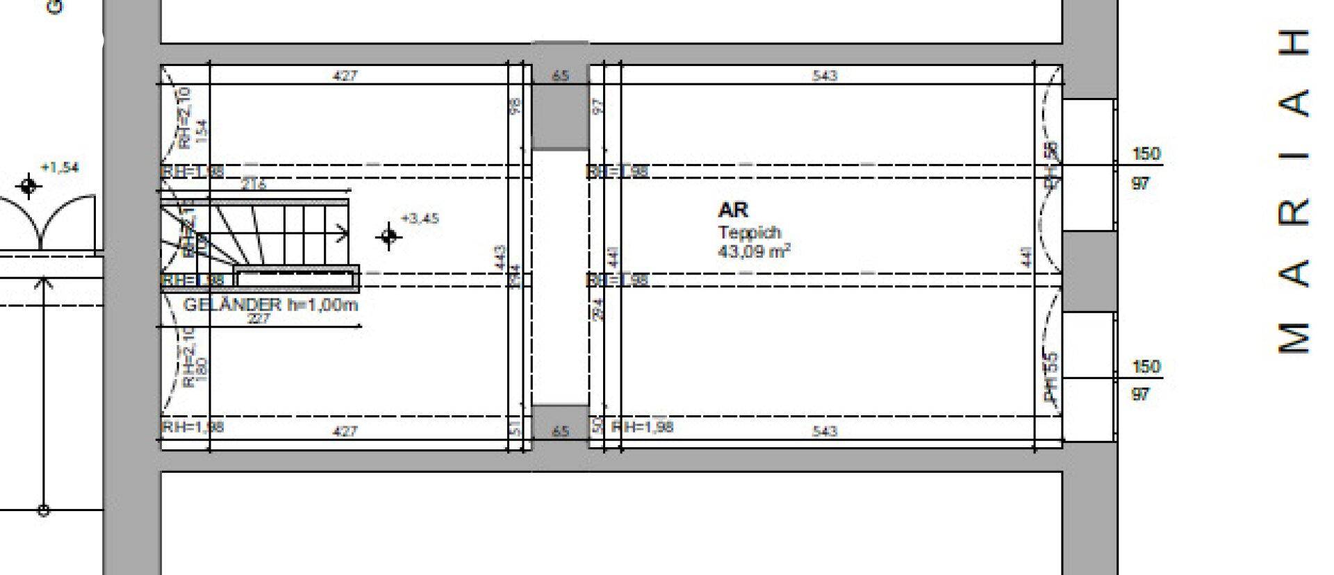 Grundrissausschnitt mit Treppe und Raummaßen, der einen Teppichbereich von 43,09 m² zeigt.