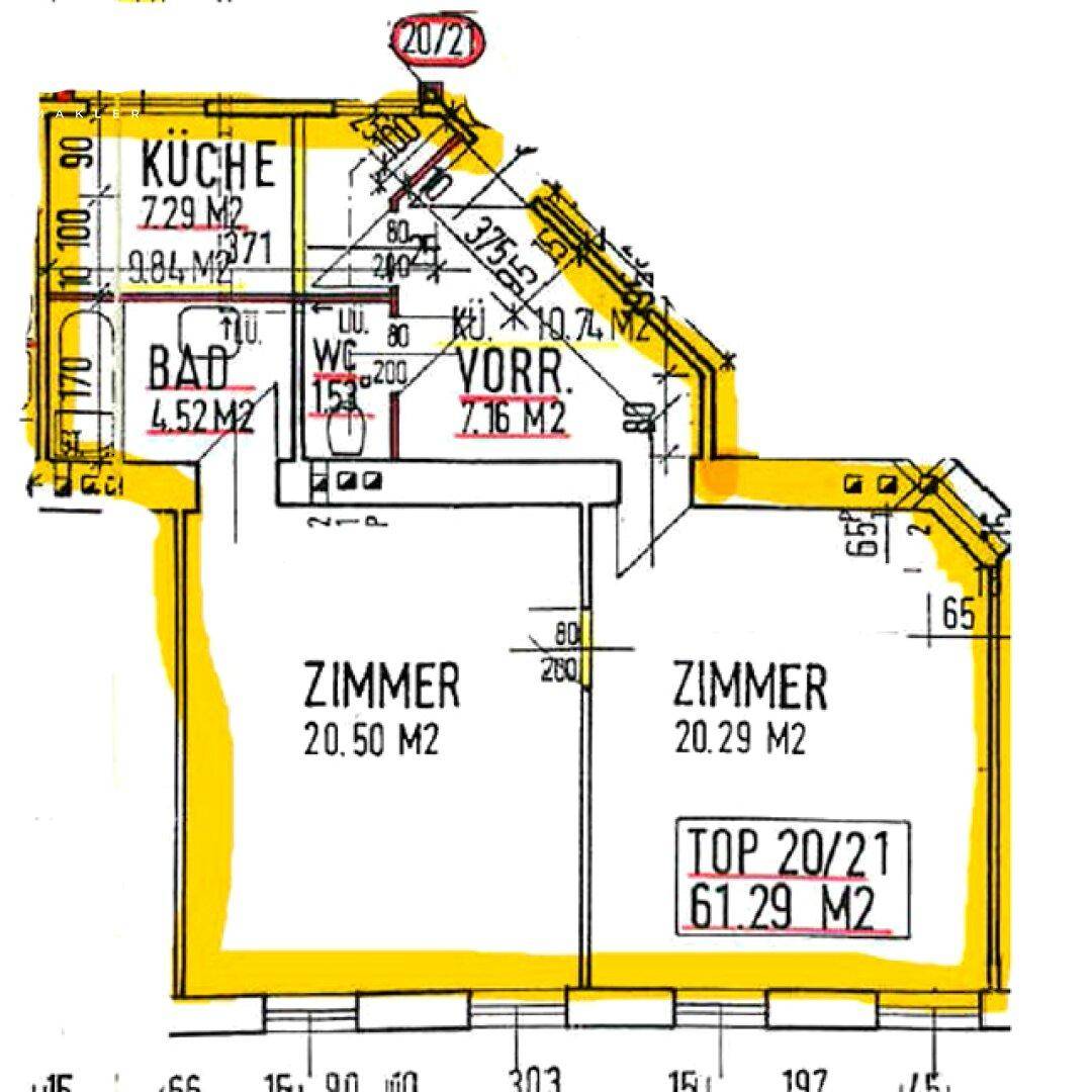 Grundriss zeigt zwei Zimmer, Küche, Bad und Vorraum mit Flächenangaben.